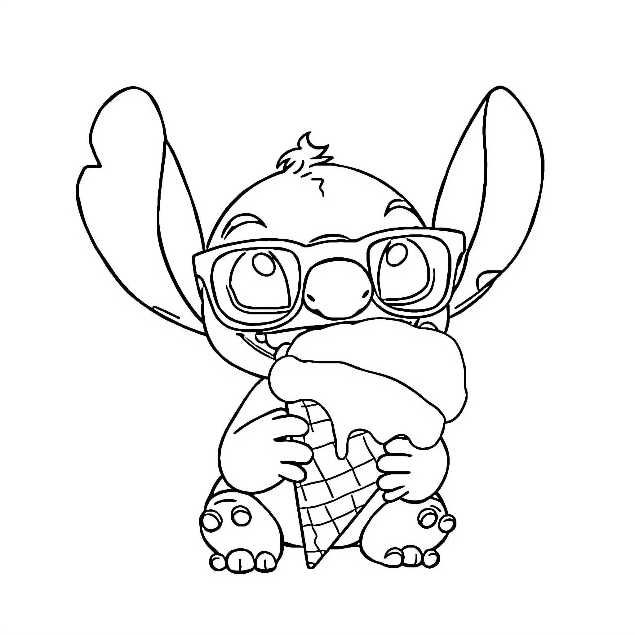 Stitch Holding an Ice Cream Cone Coloring Page (free black-and-white line drawing printable PDF for all, from beginners to advanced learners, including children, teens, adults, and seniors)