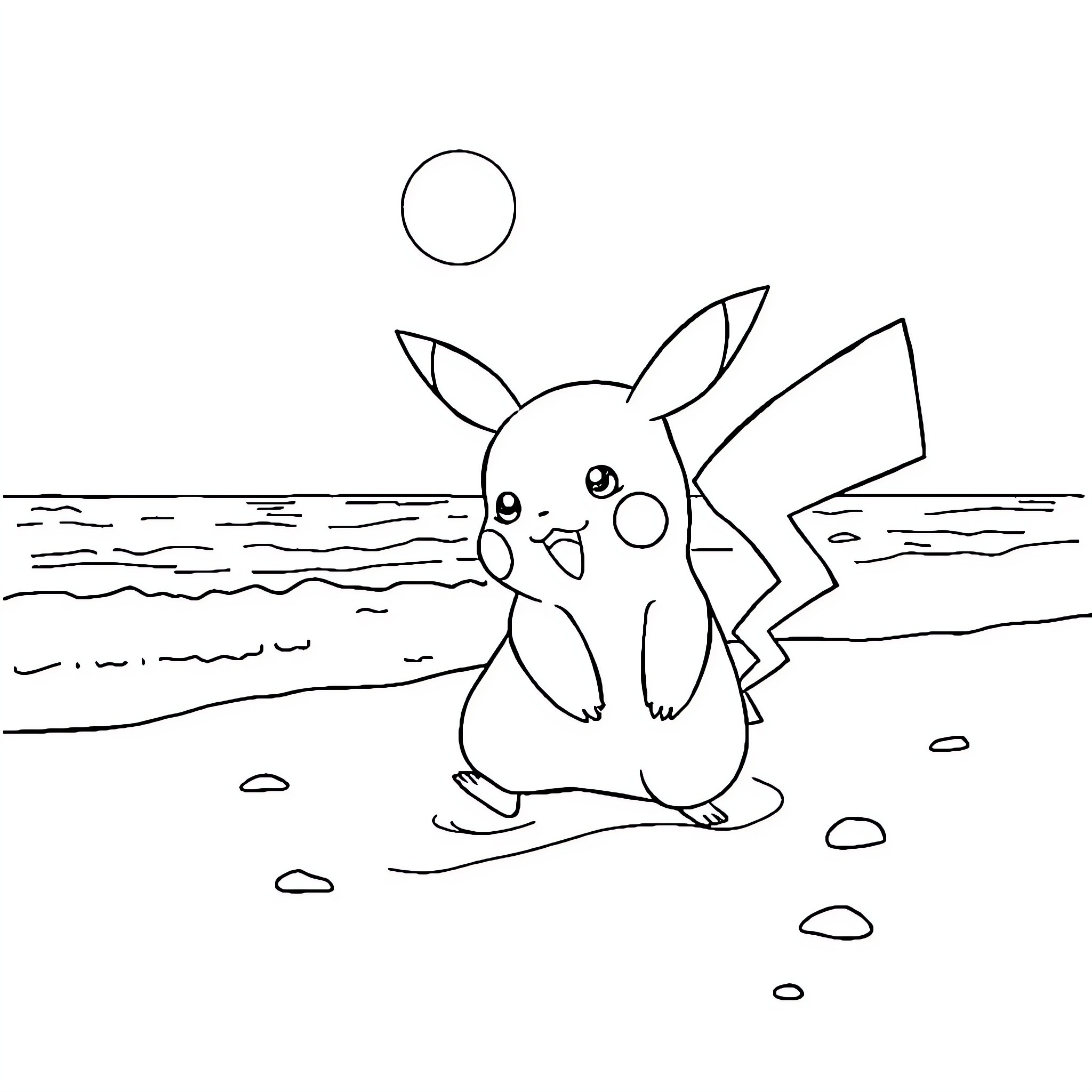 Pikachu enjoying the beach scene Coloring Page (free black-and-white line drawing printable PDF for all, from beginners to advanced learners, including children, teens, adults, and seniors)