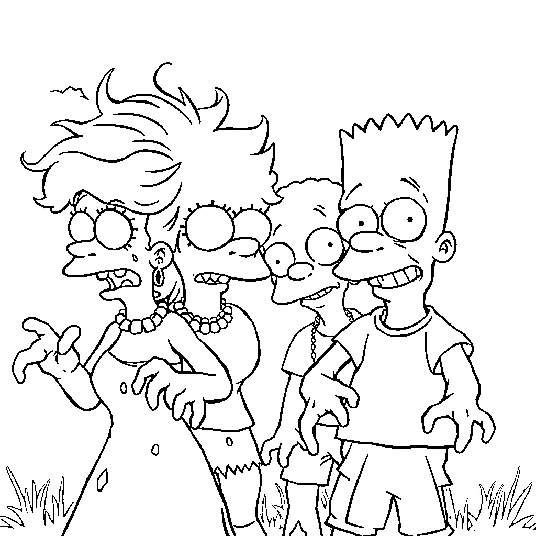 Zombie Simpsons family in fearful expressions Coloring Page (free black-and-white line drawing printable PDF for all, from beginners to advanced learners, including children, teens, adults, and seniors)