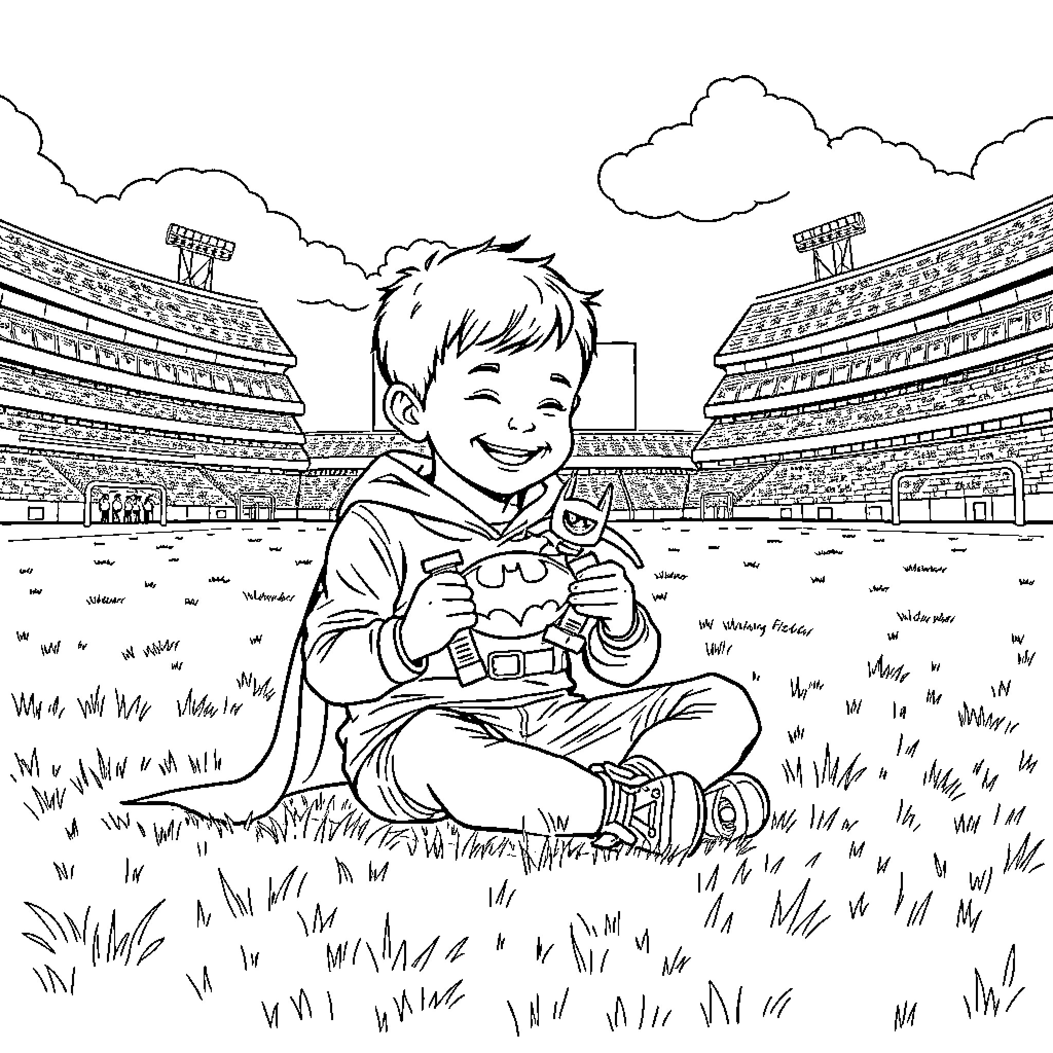 Boy playing with toy in a sports stadium Coloring Page (free black-and-white line drawing printable PDF for all, from beginners to advanced learners, including children, teens, adults, and seniors)