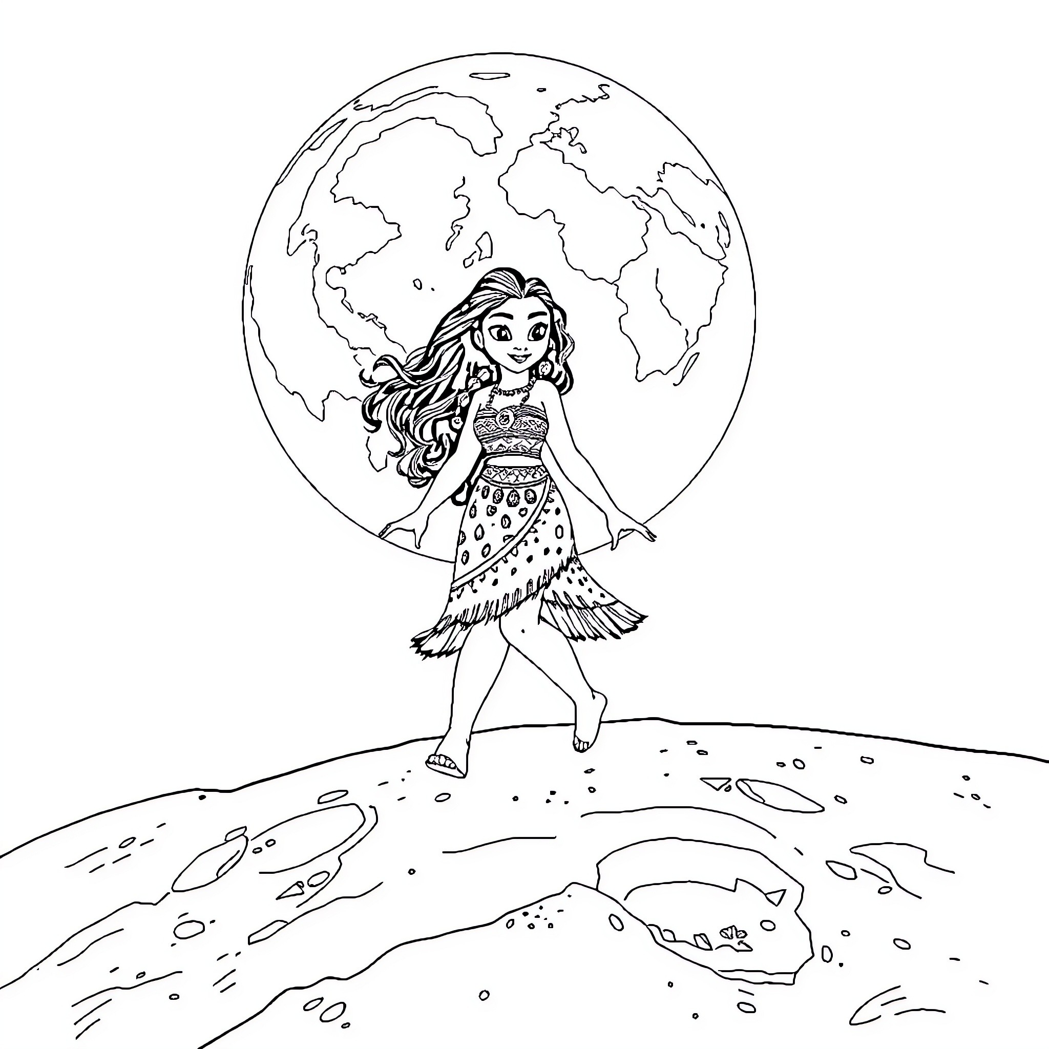 Moana exploring the world with her vibrant attire Coloring Page (free black-and-white line drawing printable PDF for all, from beginners to advanced learners, including children, teens, adults, and seniors)
