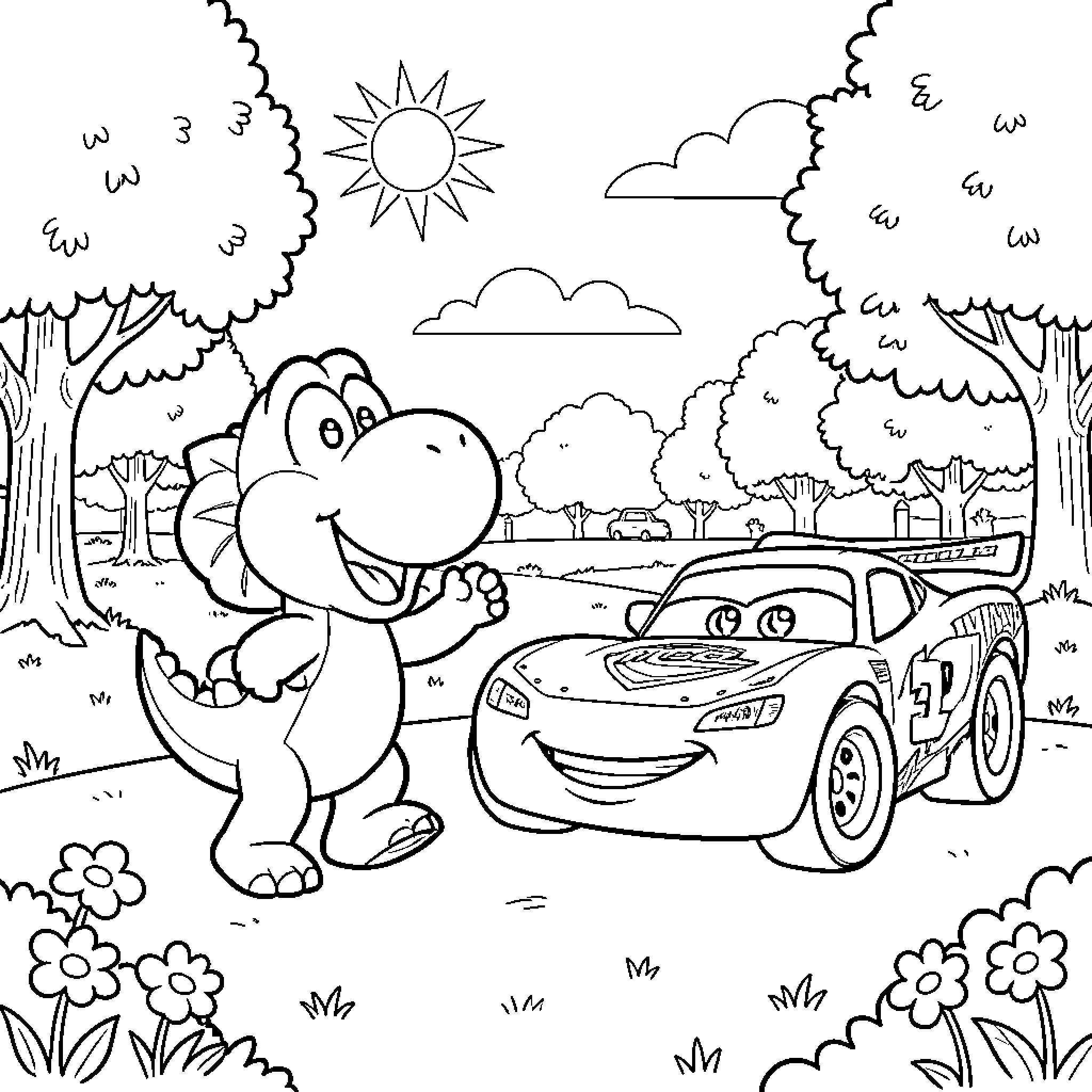 Yoshi interacting joyfully with a racing car in a park Coloring Page (free black-and-white line drawing printable PDF for all, from beginners to advanced learners, including children, teens, adults, and seniors)