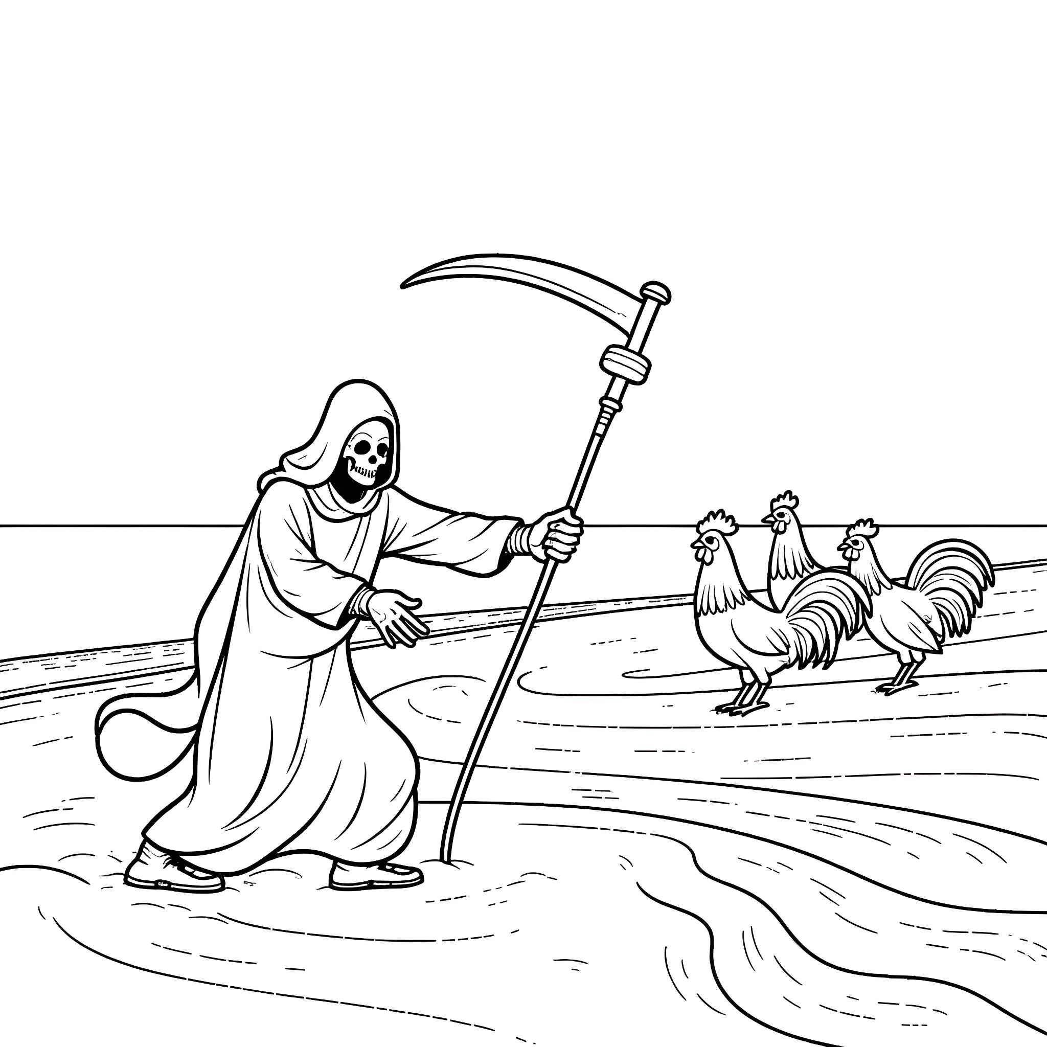 Grim Reaper Approaching Chickens in the Field Coloring Page (free black-and-white line drawing printable PDF for all, from beginners to advanced learners, including children, teens, adults, and seniors)
