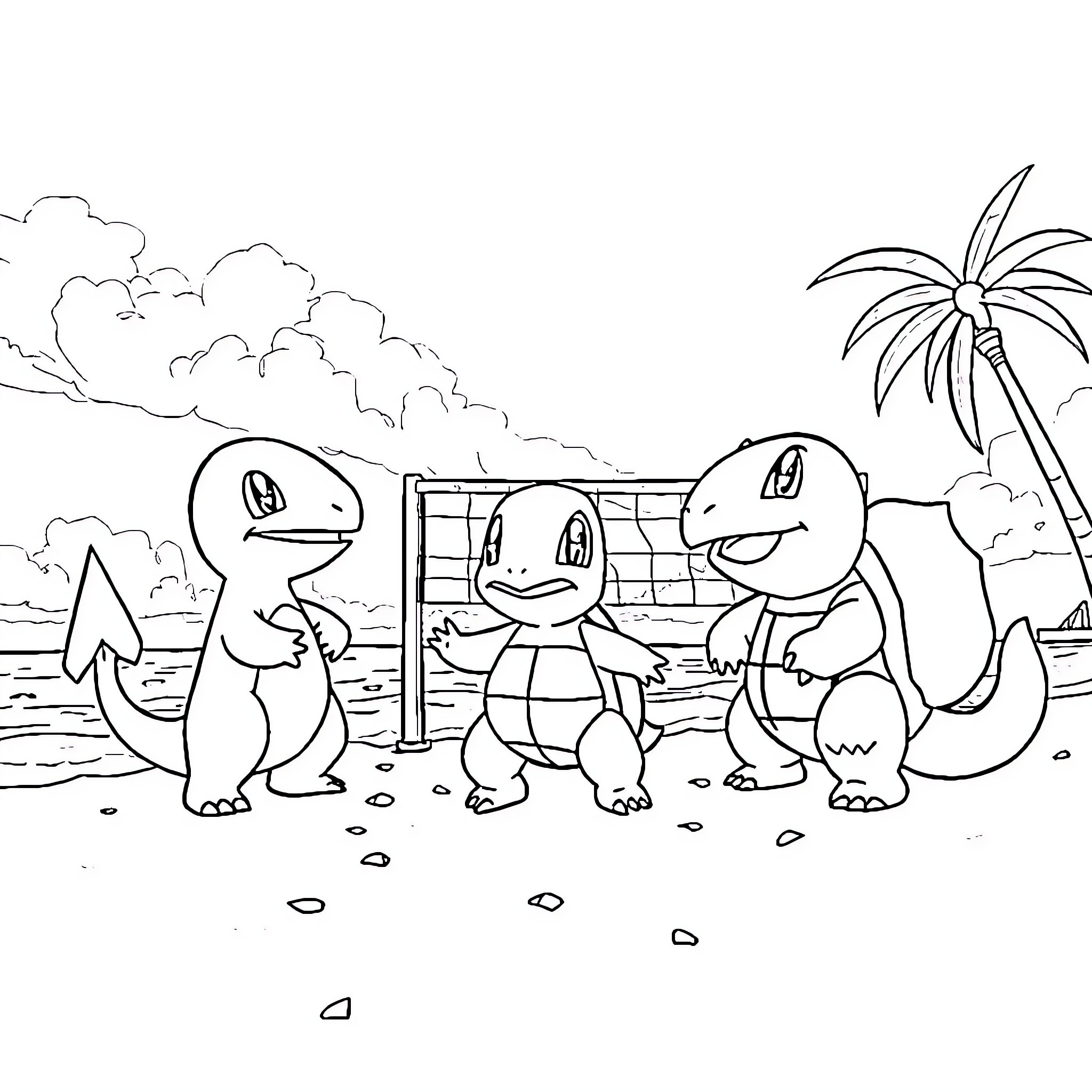 Pokémon characters exploring tropical beach scene Coloring Page (free black-and-white line drawing printable PDF for all, from beginners to advanced learners, including children, teens, adults, and seniors)
