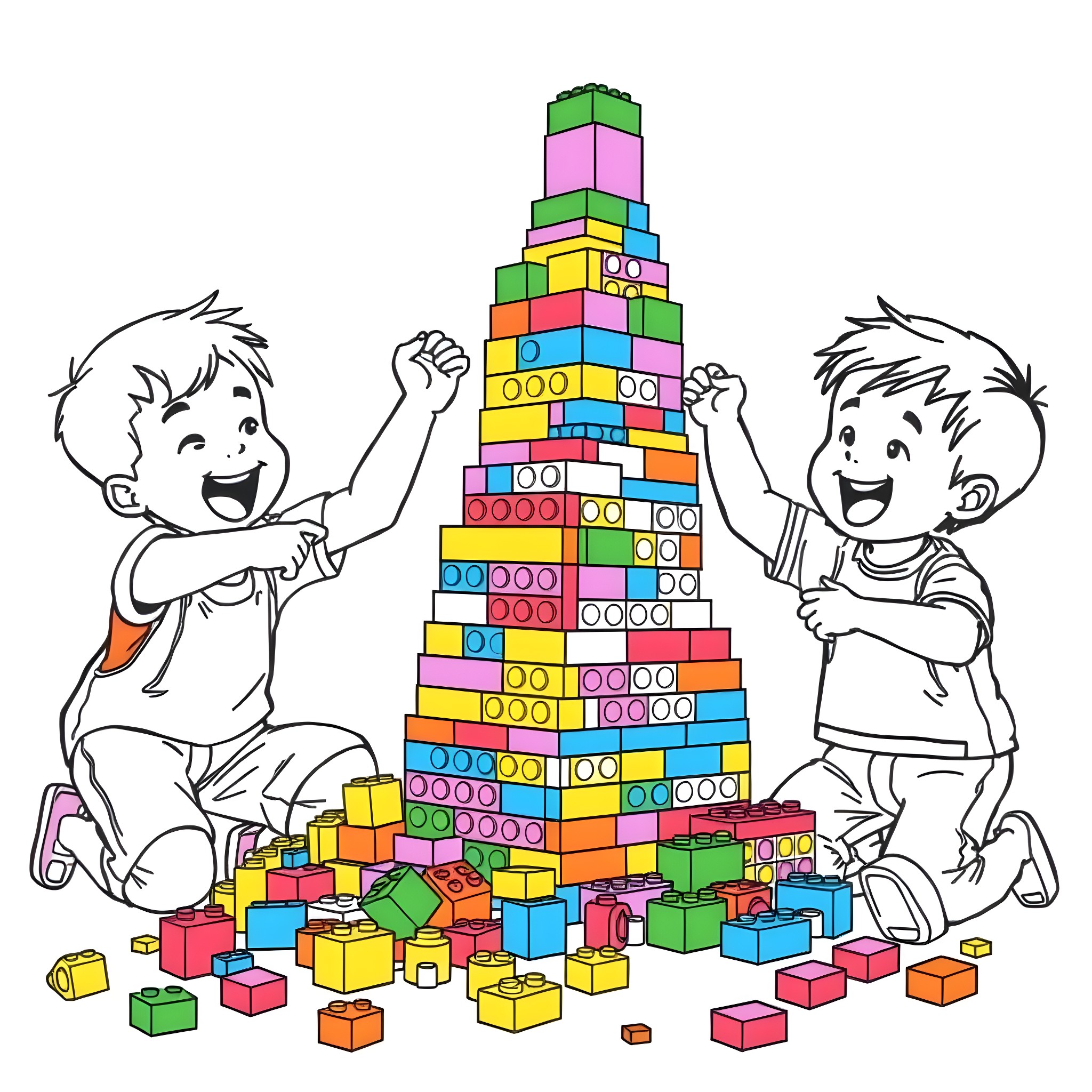 Boys joyfully building a colorful block tower Coloring Page (free black-and-white line drawing printable PDF for all, from beginners to advanced learners, including children, teens, adults, and seniors)