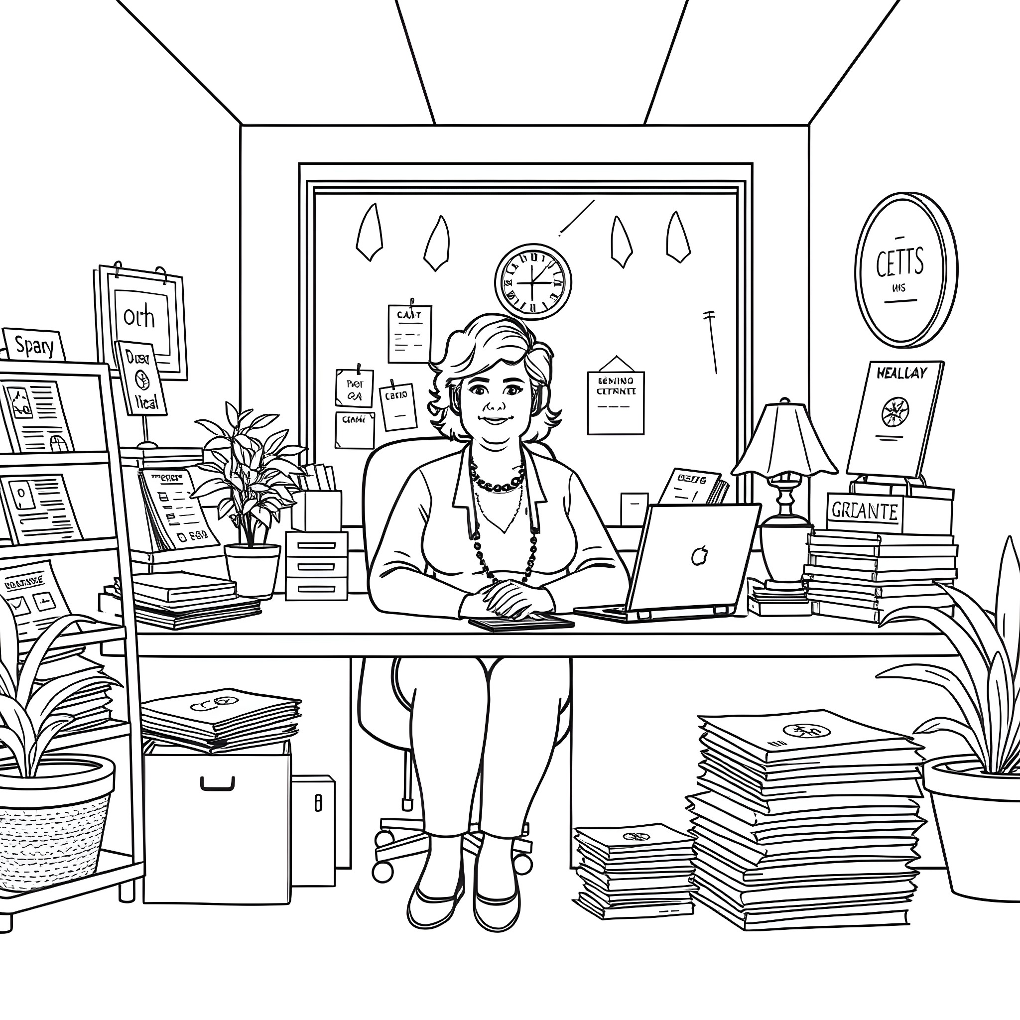 Senior Center Coordinator working at her desk Coloring Page (free black-and-white line drawing printable PDF for all, from beginners to advanced learners, including children, teens, adults, and seniors)