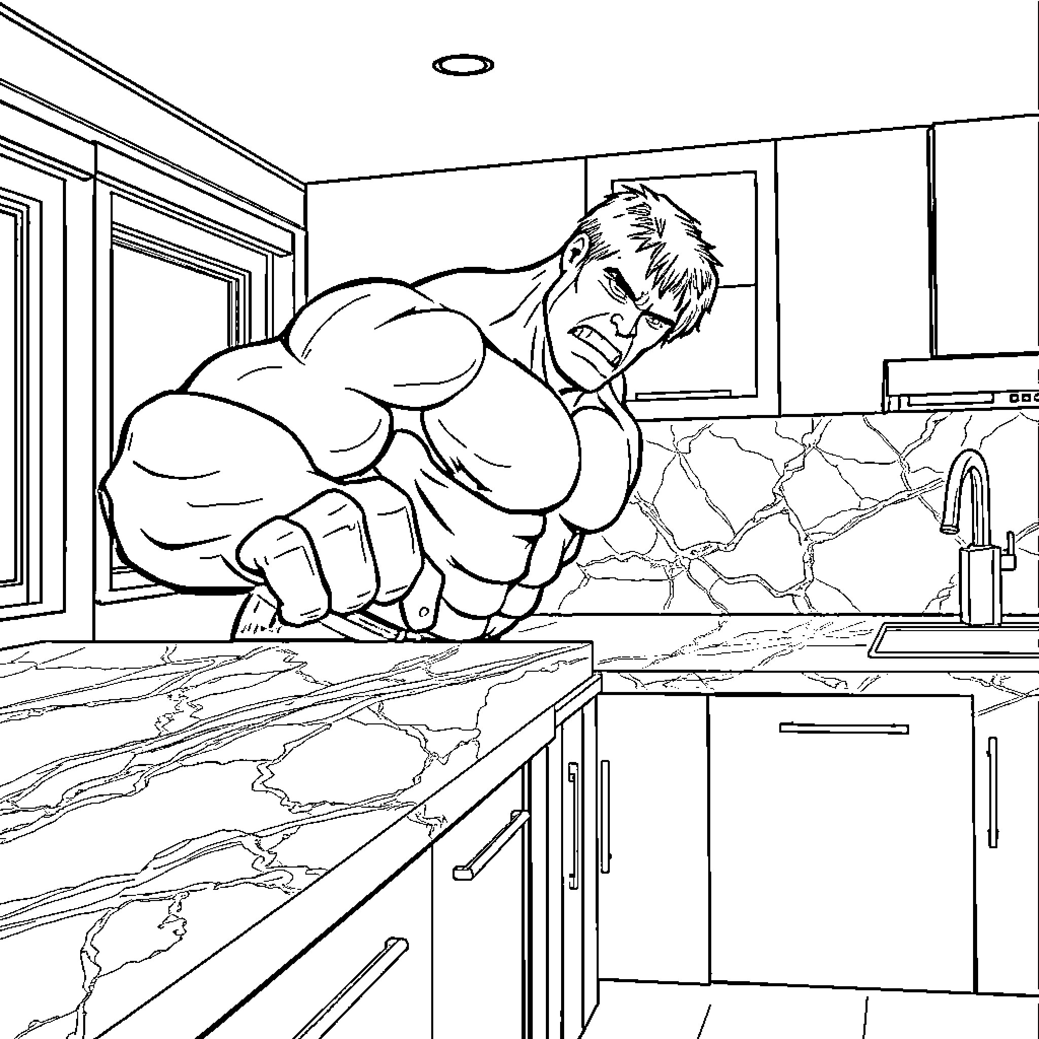 Hulk Smashing Kitchen Appliances Coloring Page (free black-and-white line drawing printable PDF for all, from beginners to advanced learners, including children, teens, adults, and seniors)