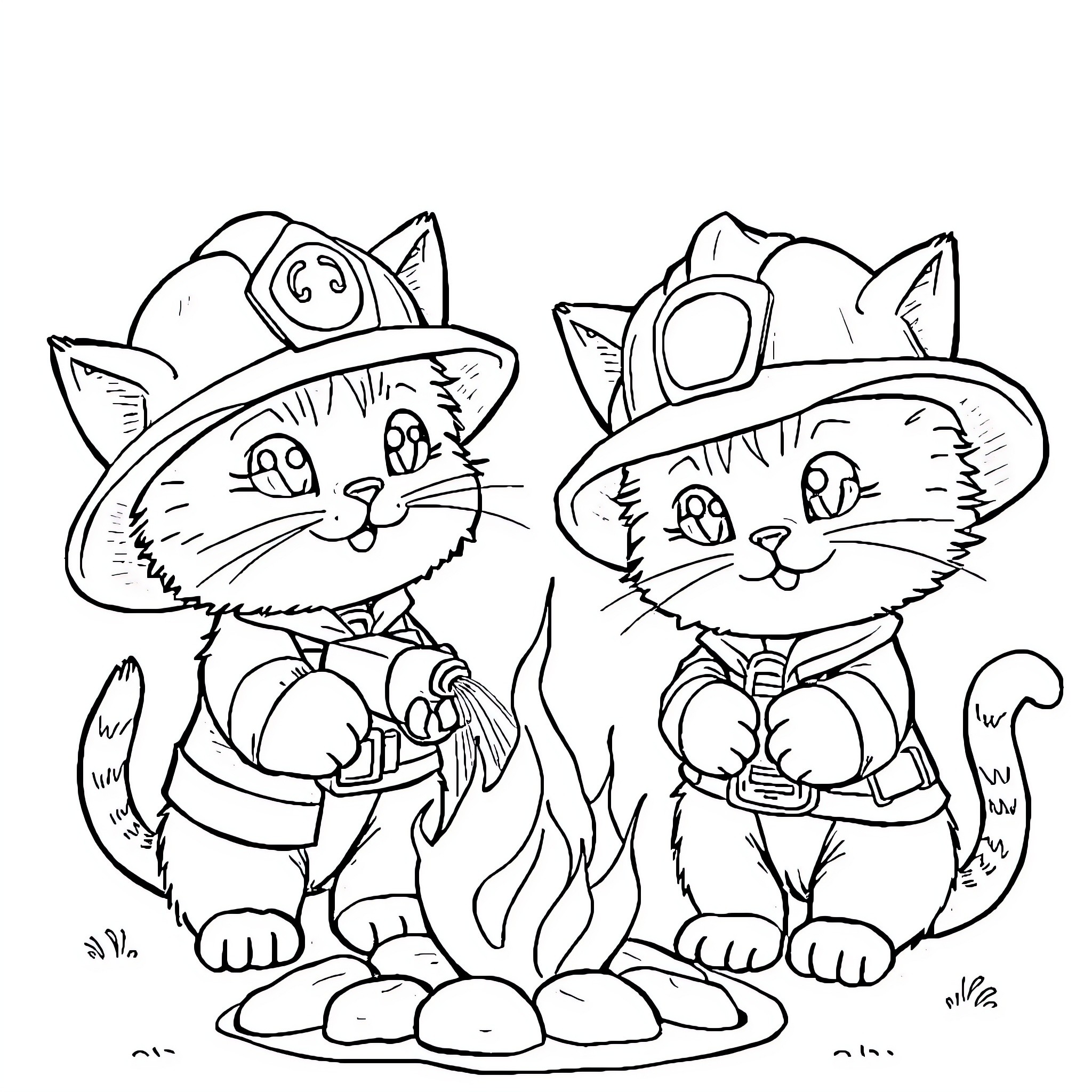 Cats dressed as firefighters Coloring Page (free black-and-white line drawing printable PDF for all, from beginners to advanced learners, including children, teens, adults, and seniors)