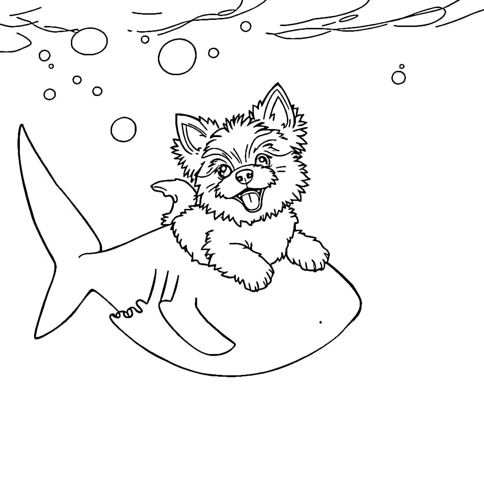 Morkiepoo puppy riding a shark in the ocean Coloring Page (free black-and-white line drawing printable PDF for all, from beginners to advanced learners, including children, teens, adults, and seniors)