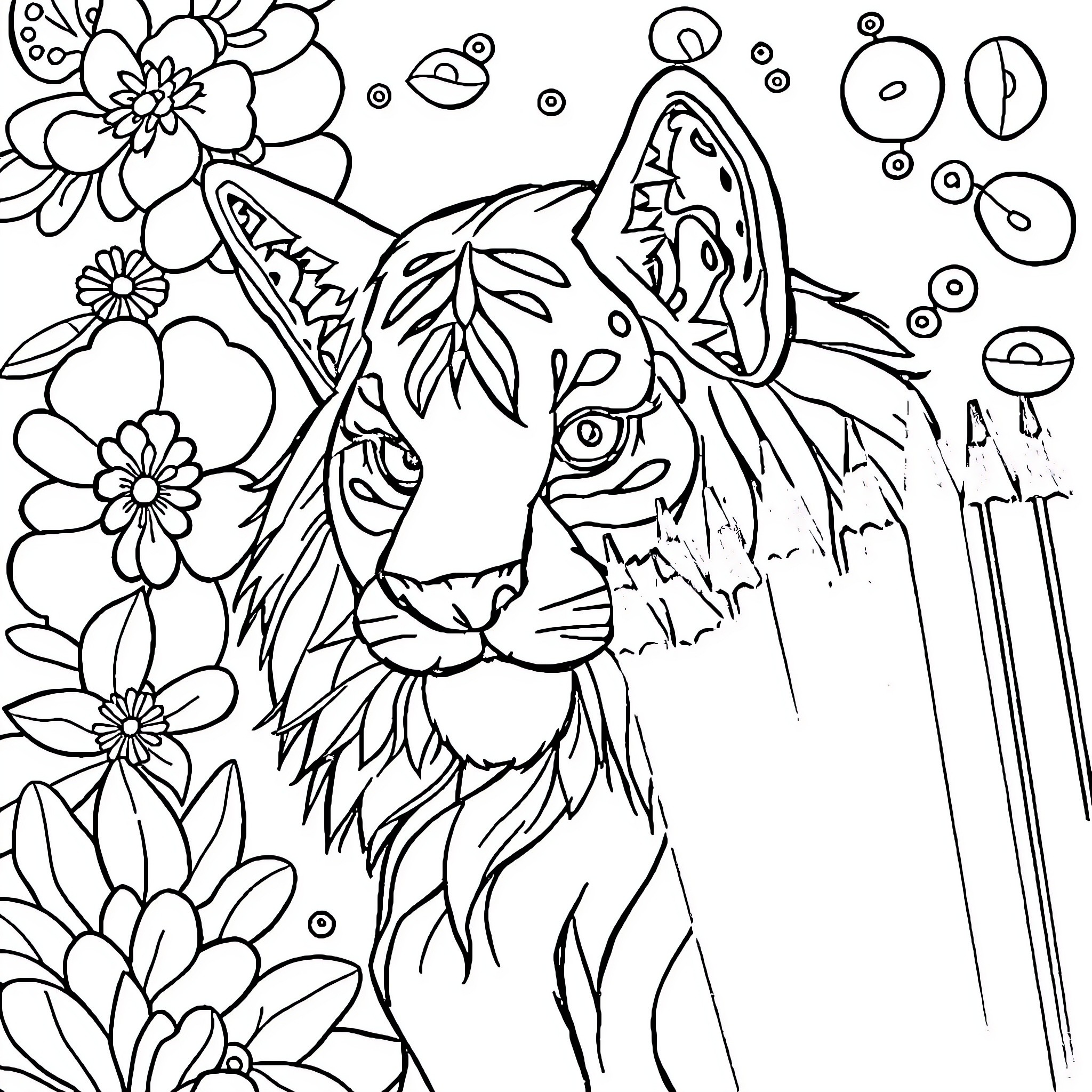 Color By Number Vibrant Tiger Among Floral Motifs Coloring Page (free black-and-white line drawing printable PDF for all, from beginners to advanced learners, including children, teens, adults, and seniors)