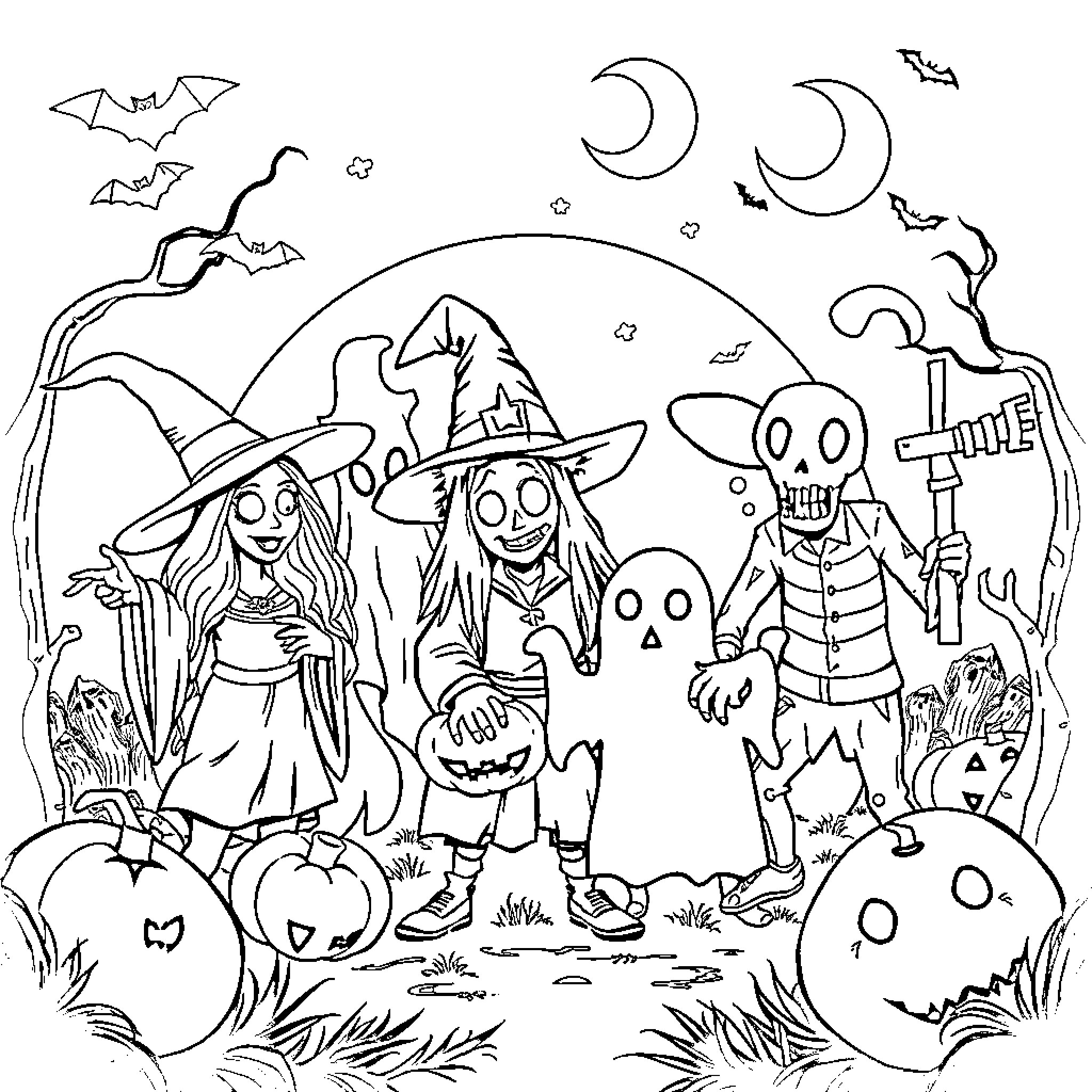 Halloween Characters Exploring a Spooky Nightscape Coloring Page (free black-and-white line drawing printable PDF for all, from beginners to advanced learners, including children, teens, adults, and seniors)