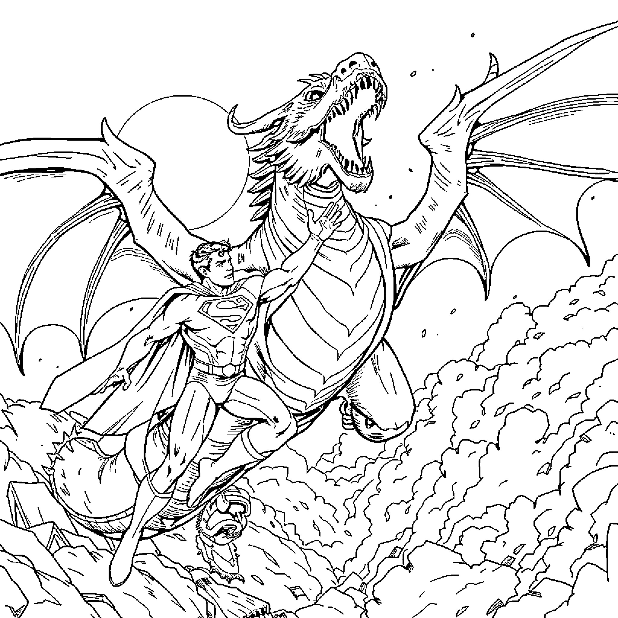 Superman battling a fearsome dragon in the sky Coloring Page (free black-and-white line drawing printable PDF for all, from beginners to advanced learners, including children, teens, adults, and seniors)