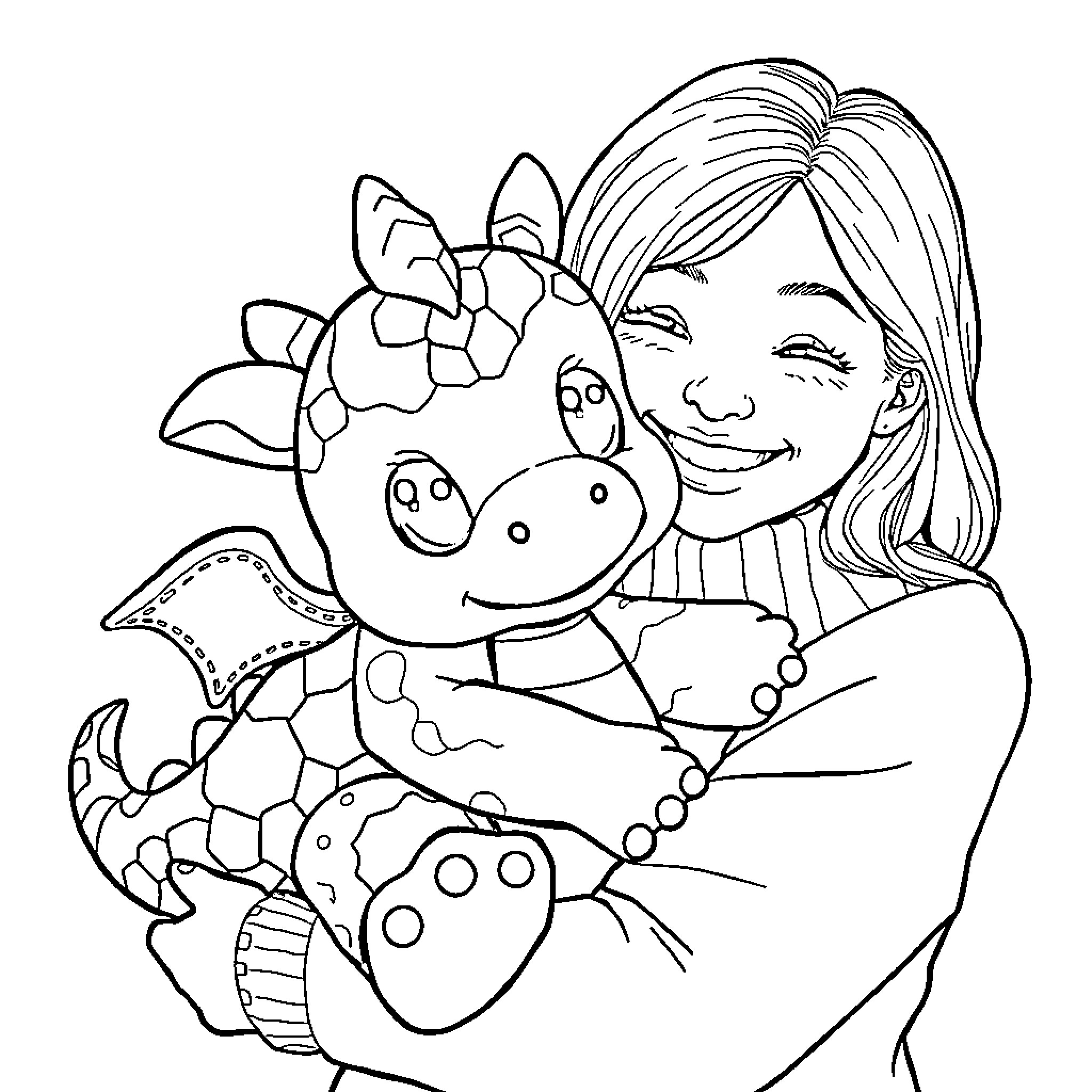 Dragon-themed girl playing with plush toy Coloring Page (free black-and-white line drawing printable PDF for all, from beginners to advanced learners, including children, teens, adults, and seniors)