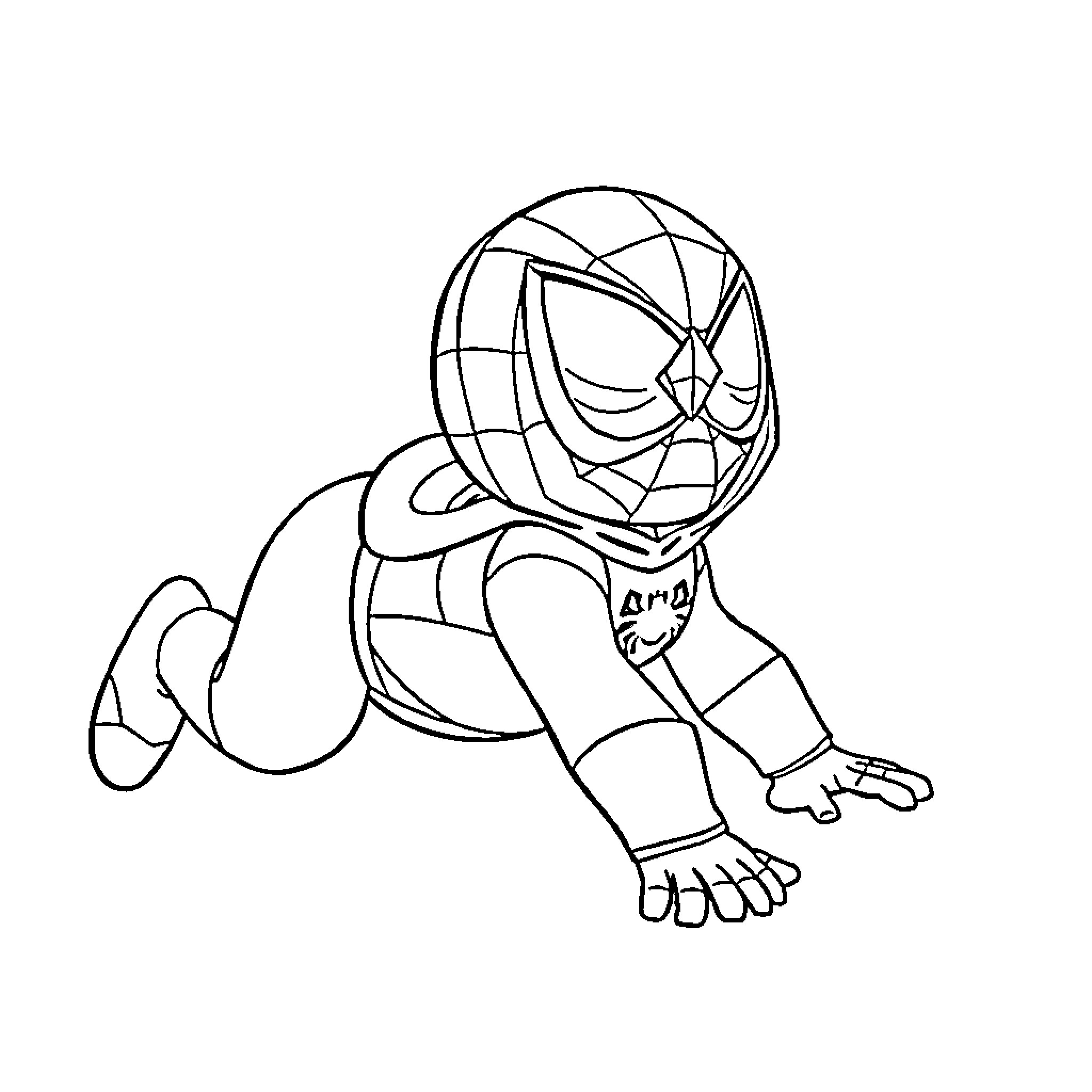 Baby Spiderman crawling playfully on the ground Coloring Page (free black-and-white line drawing printable PDF for all, from beginners to advanced learners, including children, teens, adults, and seniors)