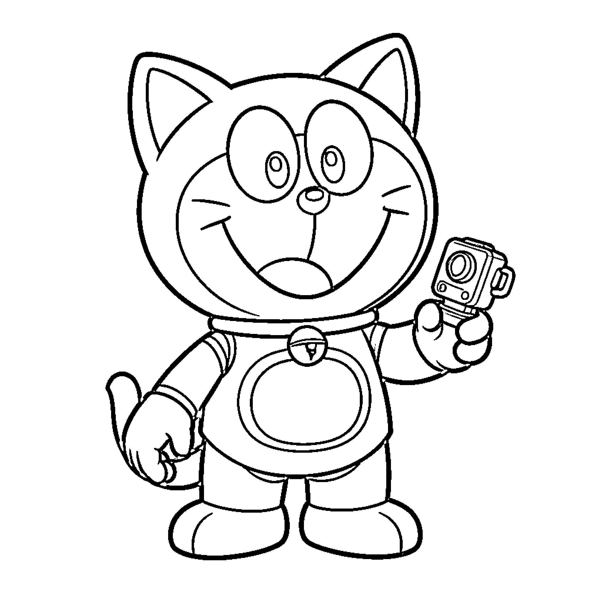 Doraemon character smiling while holding a small camera Coloring Page (free black-and-white line drawing printable PDF for all, from beginners to advanced learners, including children, teens, adults, and seniors)