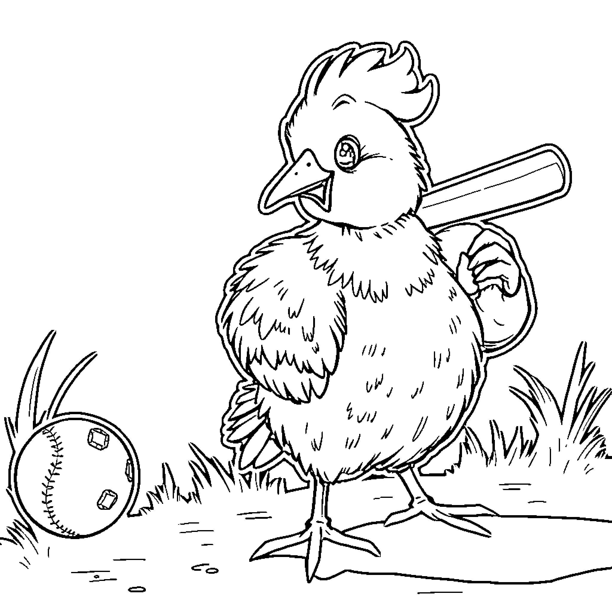 Duck swinging baseball bat near ball Coloring Page (free black-and-white line drawing printable PDF for all, from beginners to advanced learners, including children, teens, adults, and seniors)