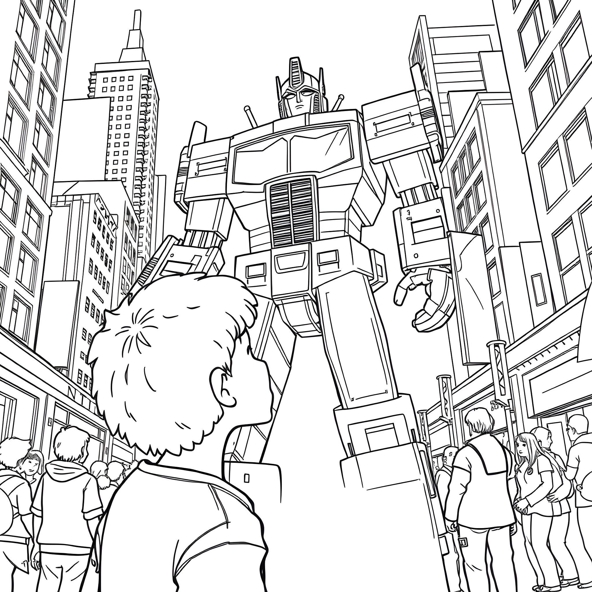 Boy in awe of giant robot in bustling city Coloring Page (free black-and-white line drawing printable PDF for all, from beginners to advanced learners, including children, teens, adults, and seniors)