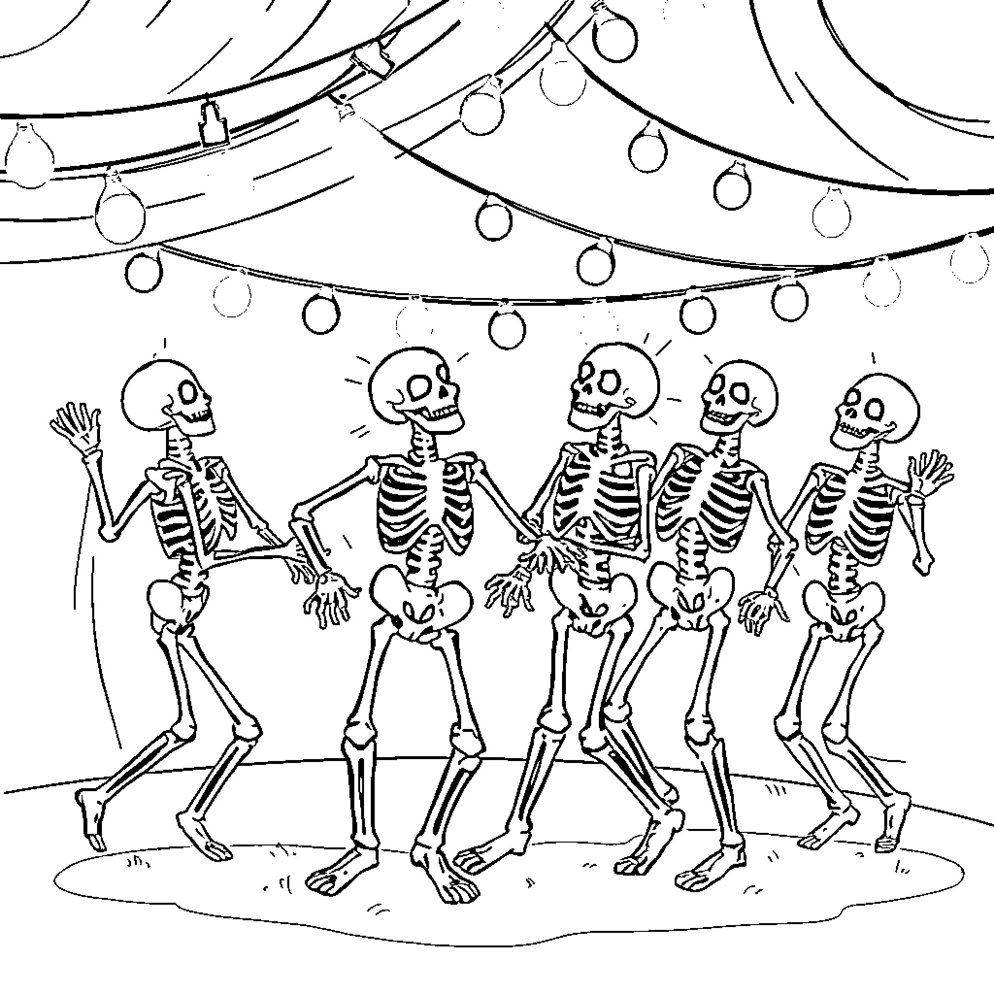 Skeleton crew dancing under the moonlight Coloring Page (free black-and-white line drawing printable PDF for all, from beginners to advanced learners, including children, teens, adults, and seniors)