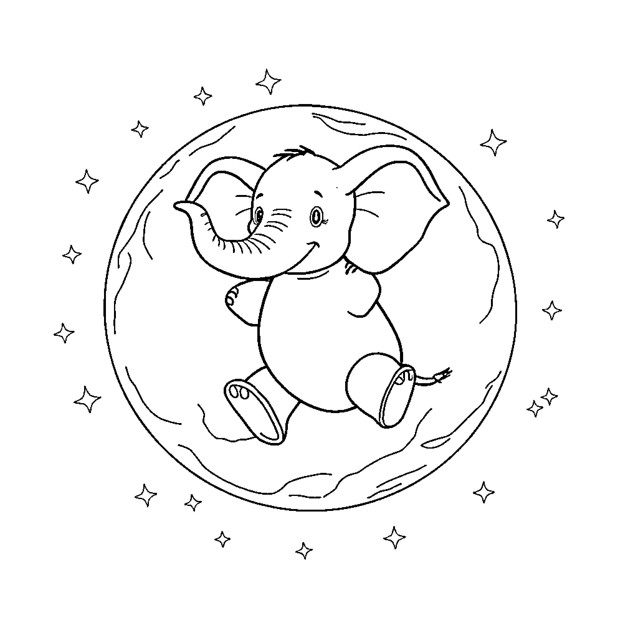 Elephant playing joyfully amidst the stars Coloring Page (free black-and-white line drawing printable PDF for all, from beginners to advanced learners, including children, teens, adults, and seniors)