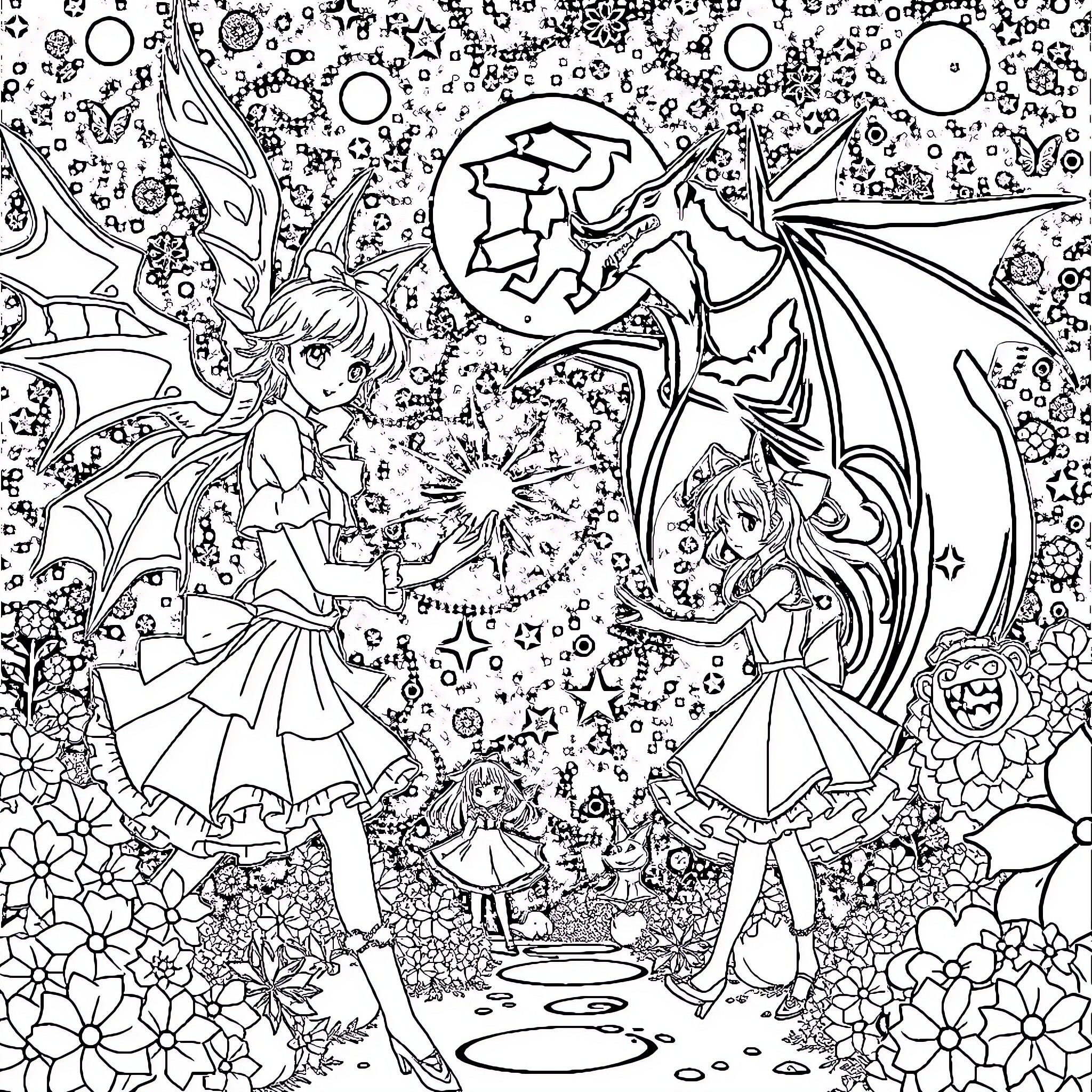 Madoka Magica: Magical Girls' Whimsical Adventure Coloring Page (free black-and-white line drawing printable PDF for all, from beginners to advanced learners, including children, teens, adults, and seniors)