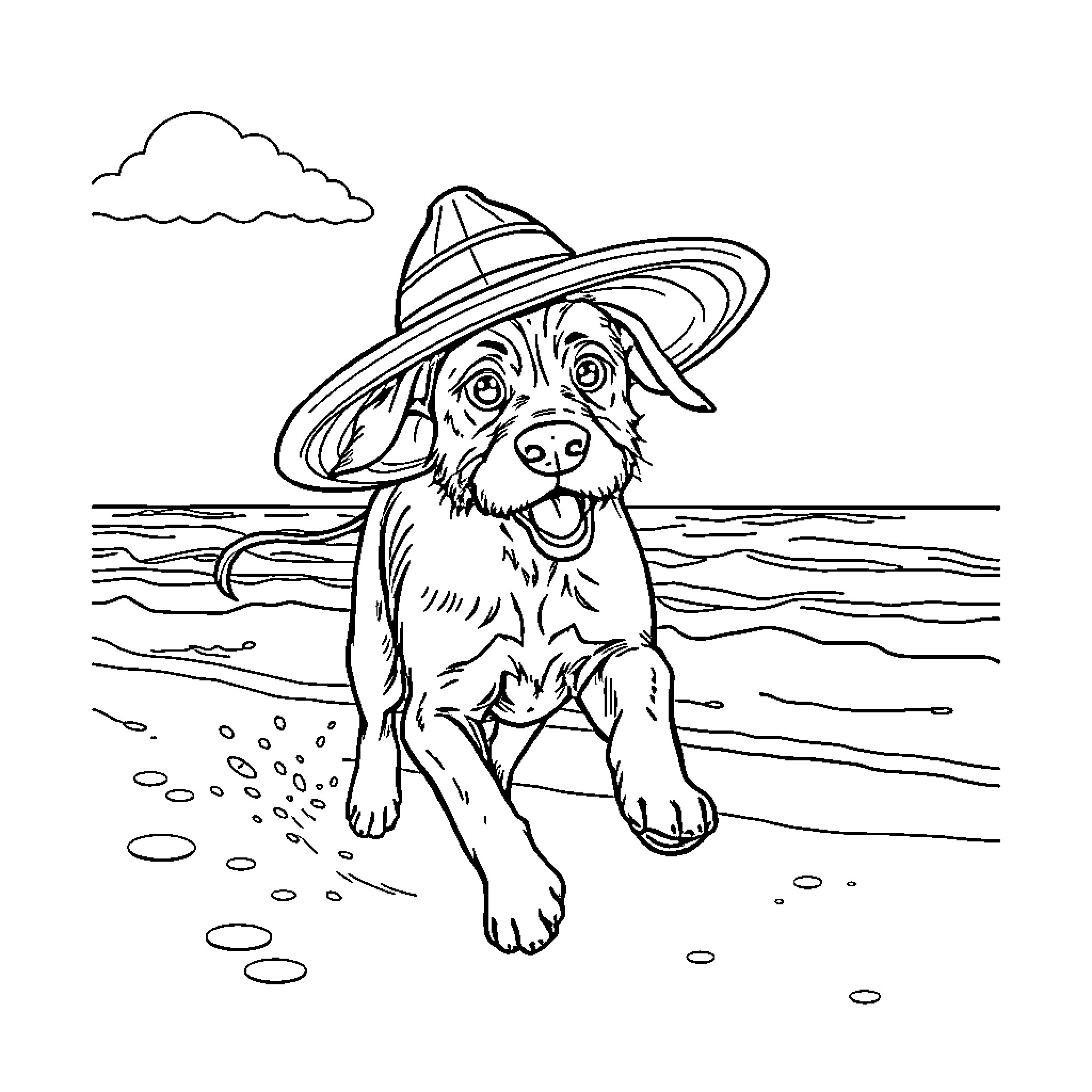 Perro enjoying a day at the beach Coloring Page (free black-and-white line drawing printable PDF for all, from beginners to advanced learners, including children, teens, adults, and seniors)