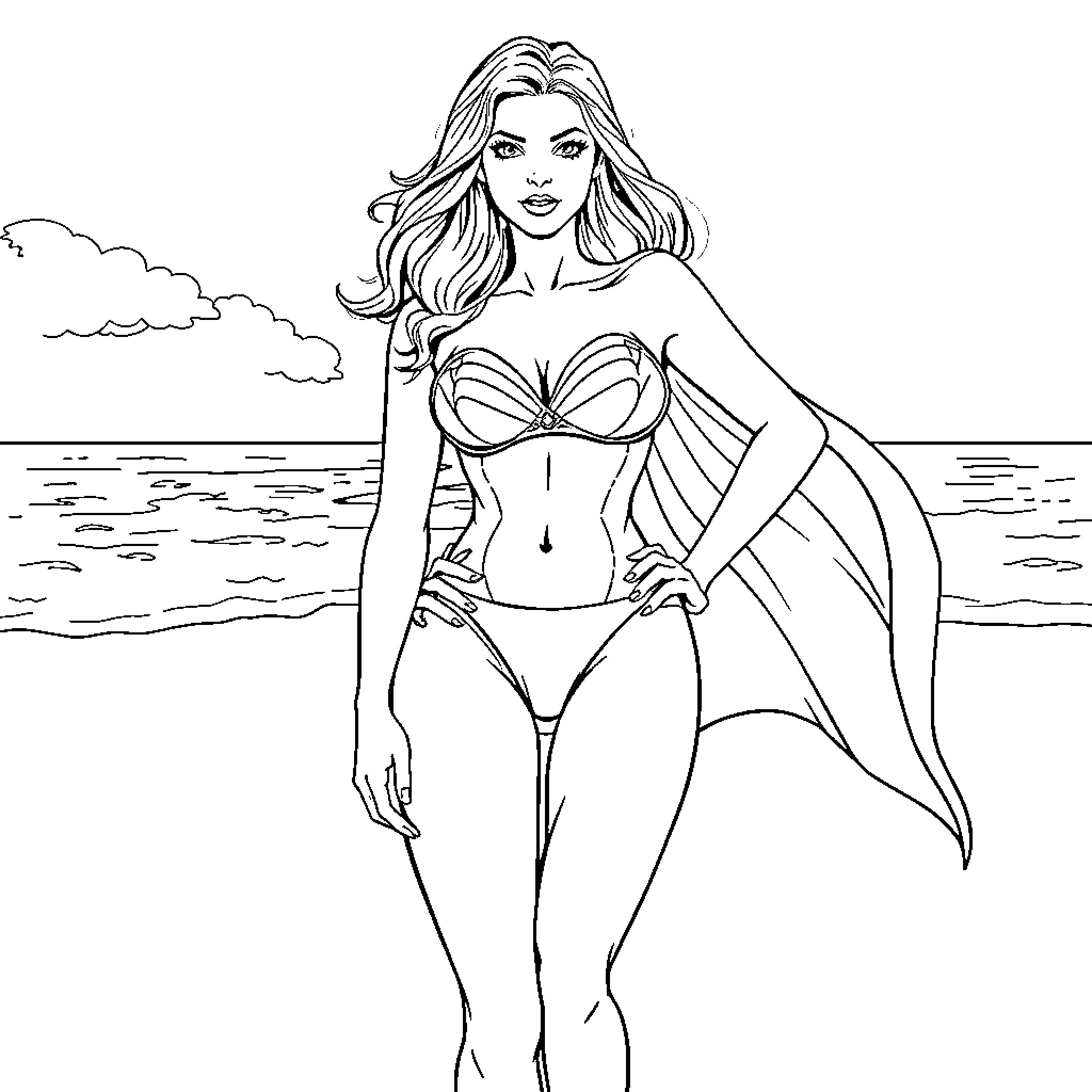 Supergirl in Heroic Pose at the Beach Coloring Page (free black-and-white line drawing printable PDF for all, from beginners to advanced learners, including children, teens, adults, and seniors)