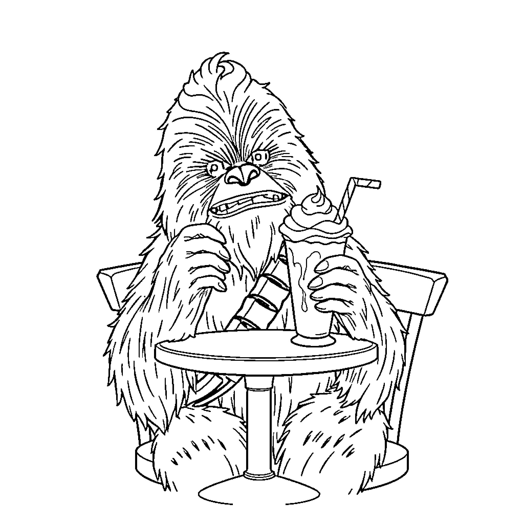 Chewbacca enjoying a relaxing beverage at the table Coloring Page (free black-and-white line drawing printable PDF for all, from beginners to advanced learners, including children, teens, adults, and seniors)