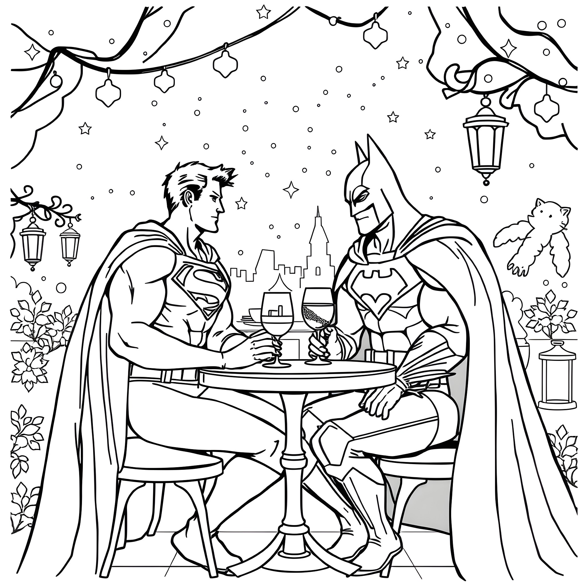 Superman and Batman enjoying a night out together Coloring Page (free black-and-white line drawing printable PDF for all, from beginners to advanced learners, including children, teens, adults, and seniors)