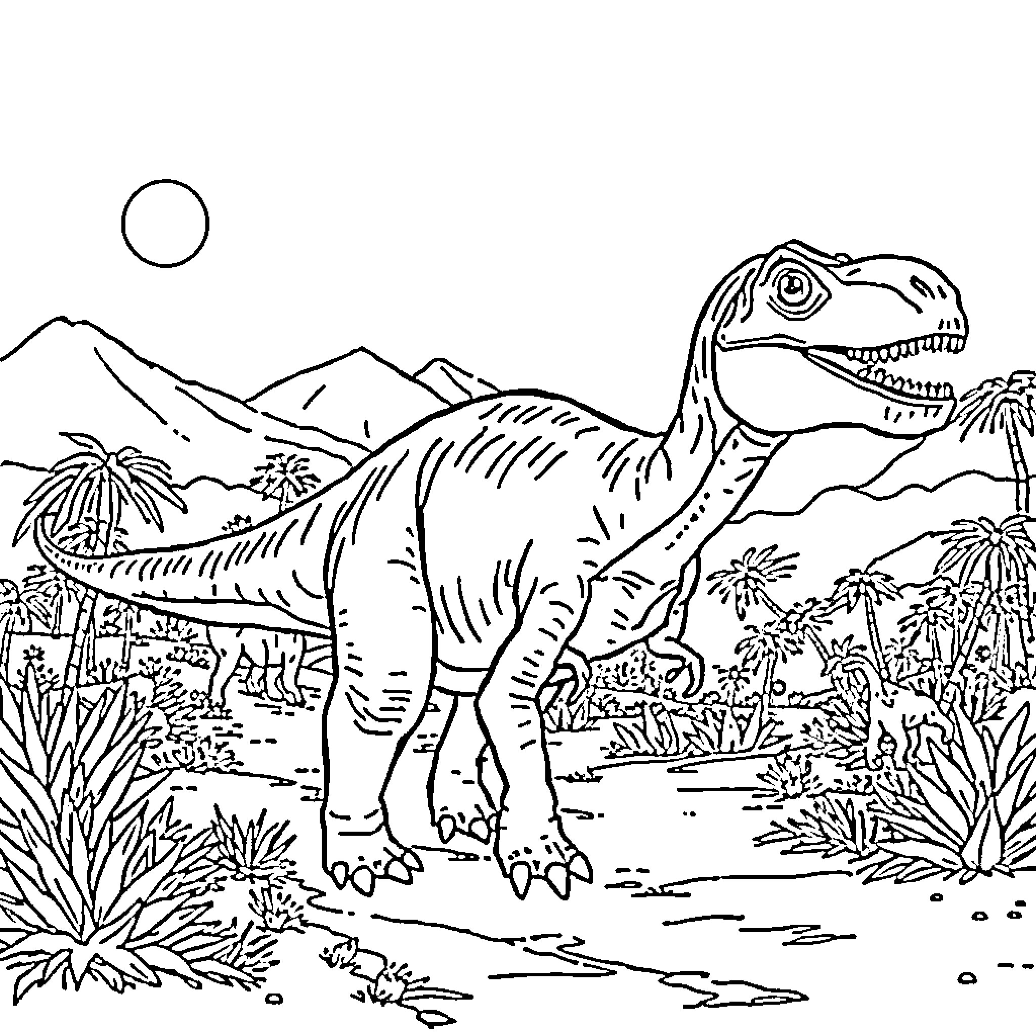 Dinosaur roaming through prehistoric landscape Coloring Page (free black-and-white line drawing printable PDF for all, from beginners to advanced learners, including children, teens, adults, and seniors)