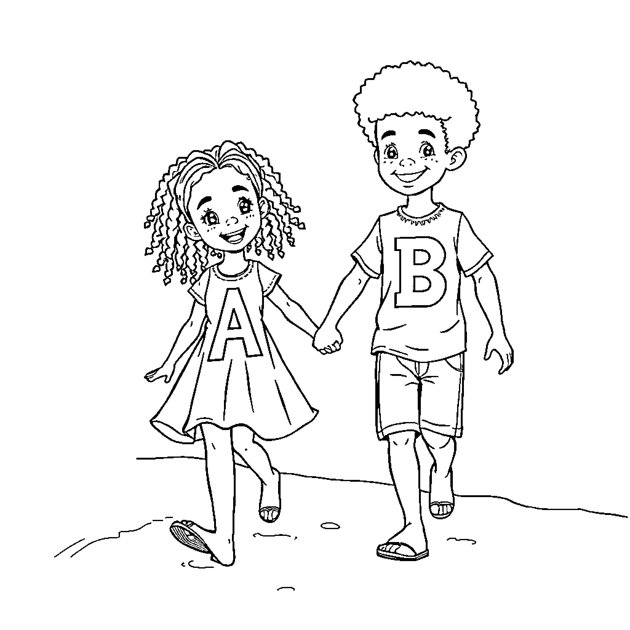 Child friends holding hands in fun outfit Coloring Page (free black-and-white line drawing printable PDF for all, from beginners to advanced learners, including children, teens, adults, and seniors)