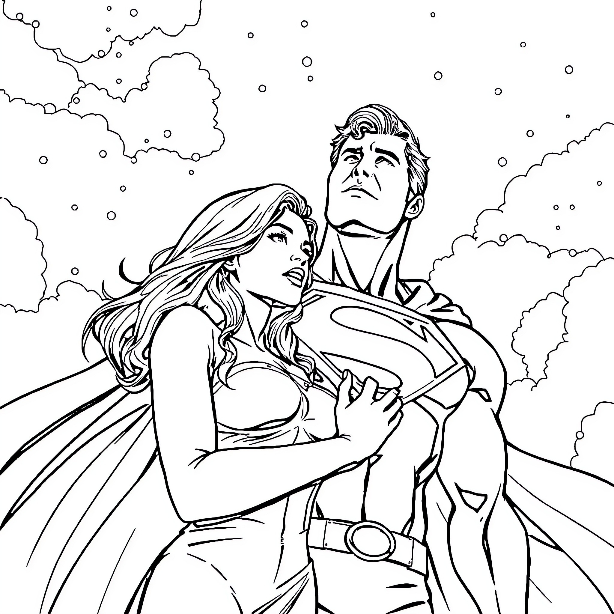 Superman protecting a female superhero in the clouds Coloring Page (free black-and-white line drawing printable PDF for all, from beginners to advanced learners, including children, teens, adults, and seniors)