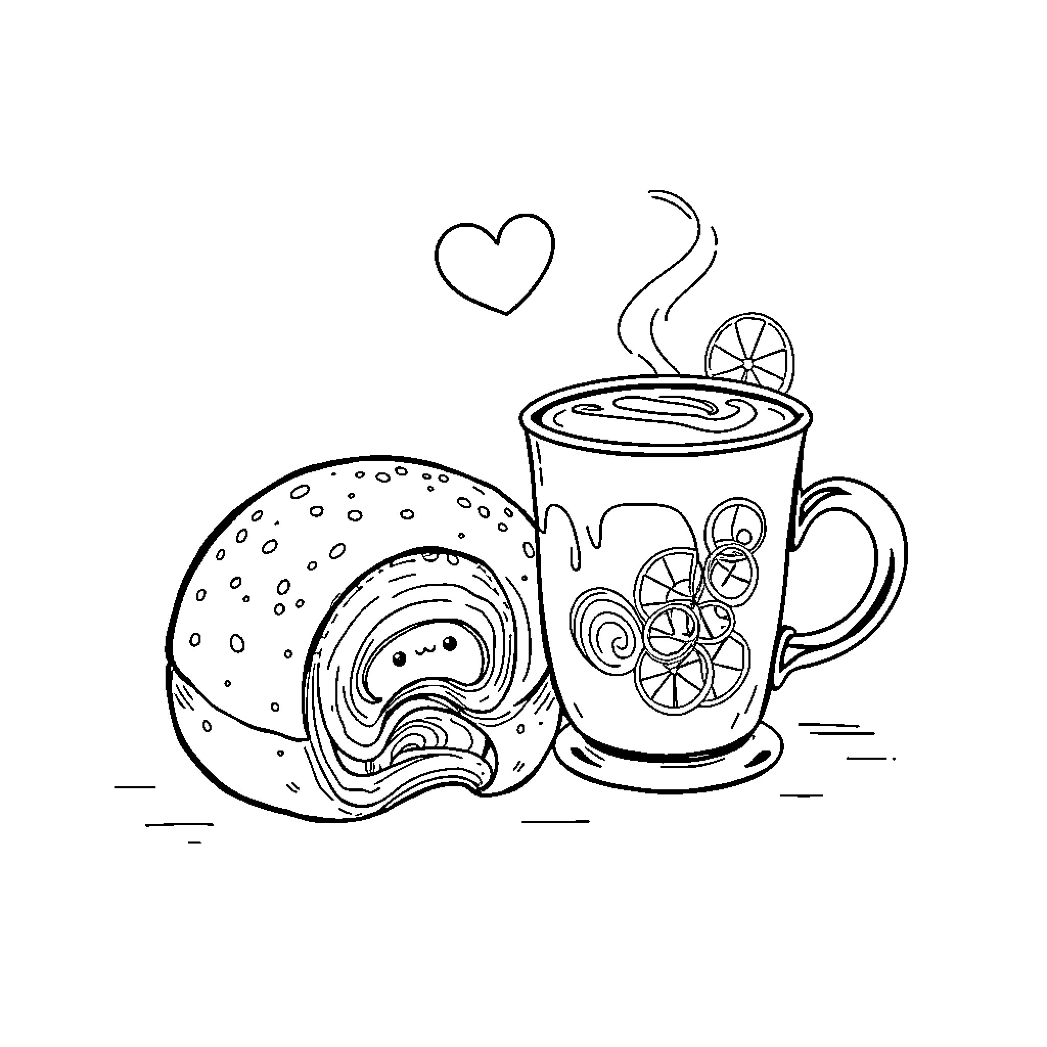 Cinnamon Roll and Cozy Drink Coloring Page (free black-and-white line drawing printable PDF for all, from beginners to advanced learners, including children, teens, adults, and seniors)