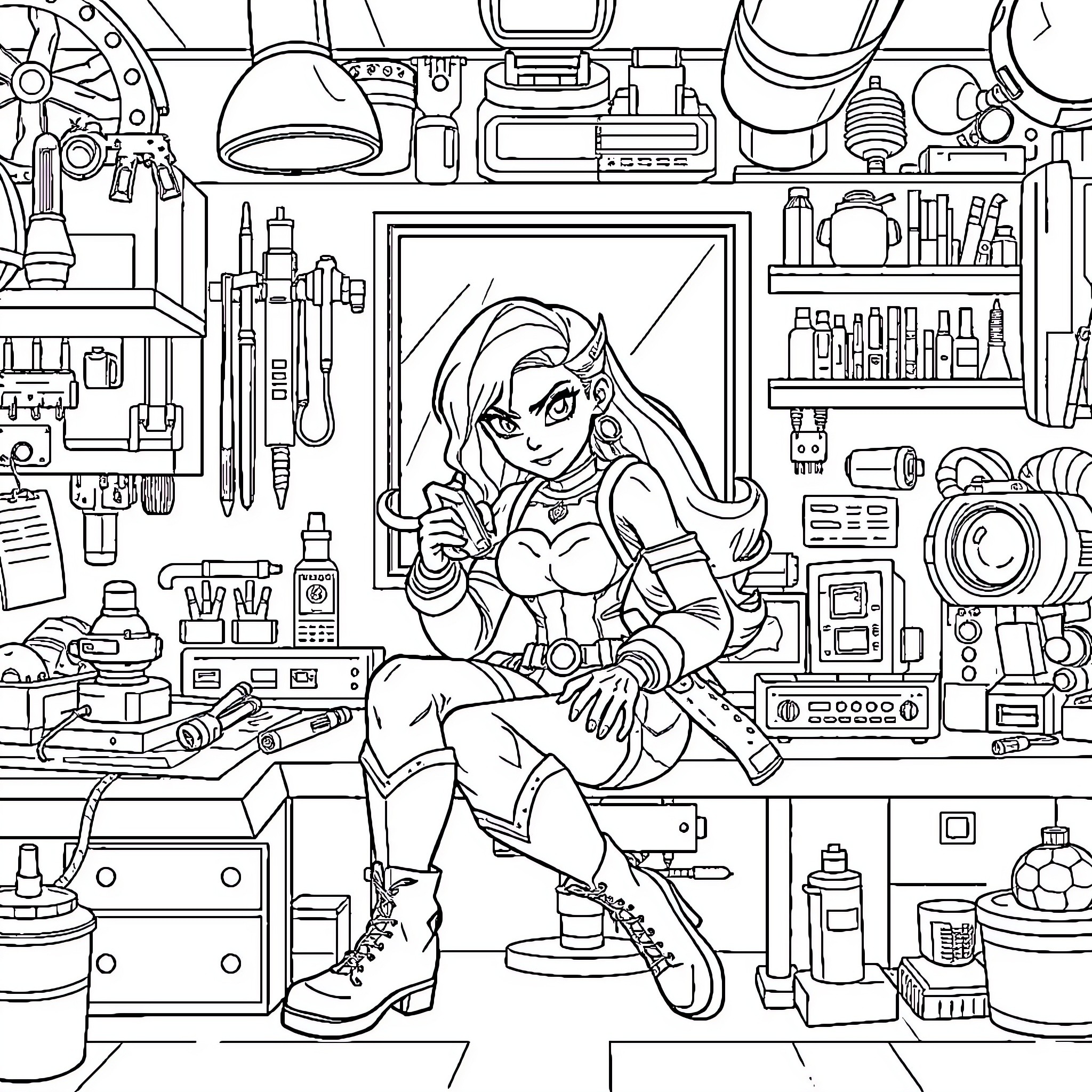 Iron Heart: Skilled Heroine in a Mechanical Wonderland Coloring Page (free black-and-white line drawing printable PDF for all, from beginners to advanced learners, including children, teens, adults, and seniors)