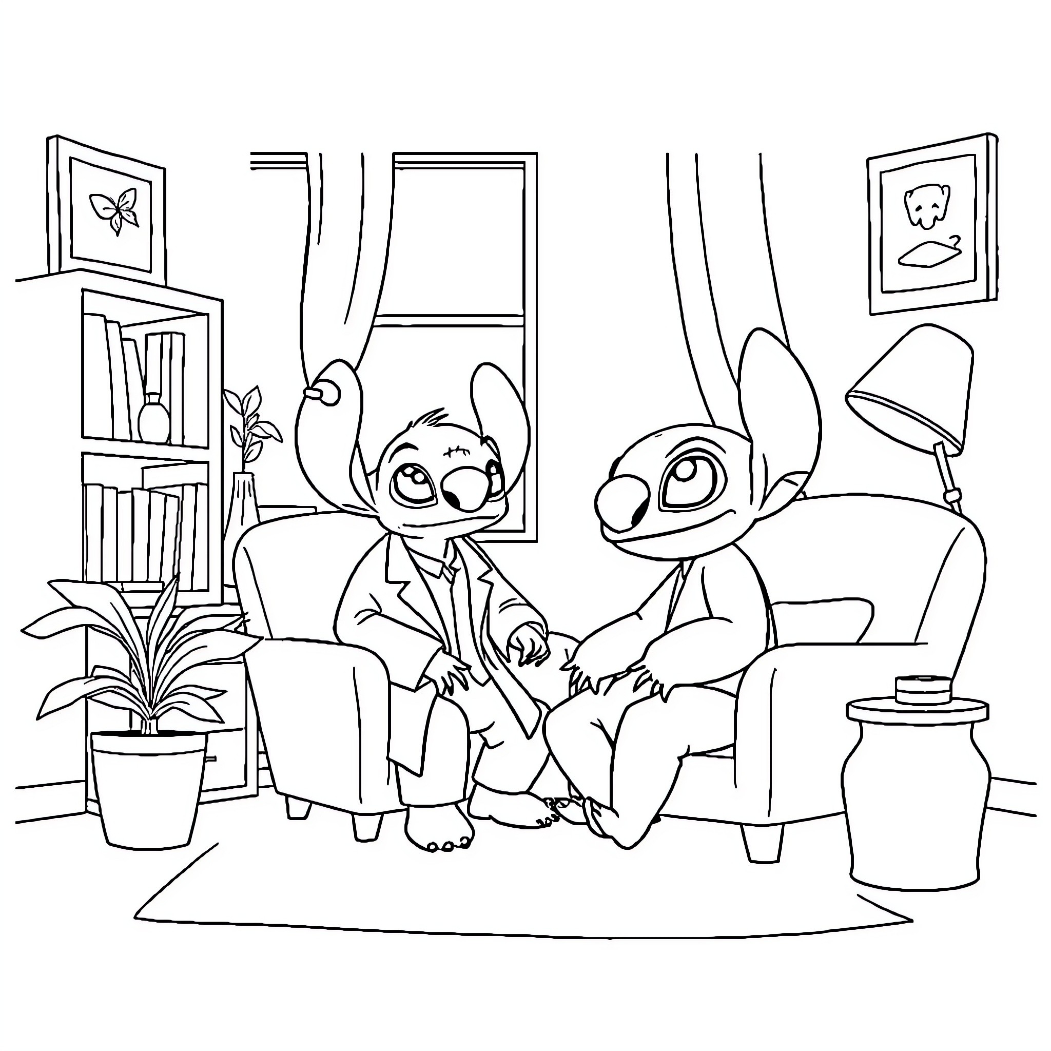 Stitch enjoying quality time with his friend Coloring Page (free black-and-white line drawing printable PDF for all, from beginners to advanced learners, including children, teens, adults, and seniors)