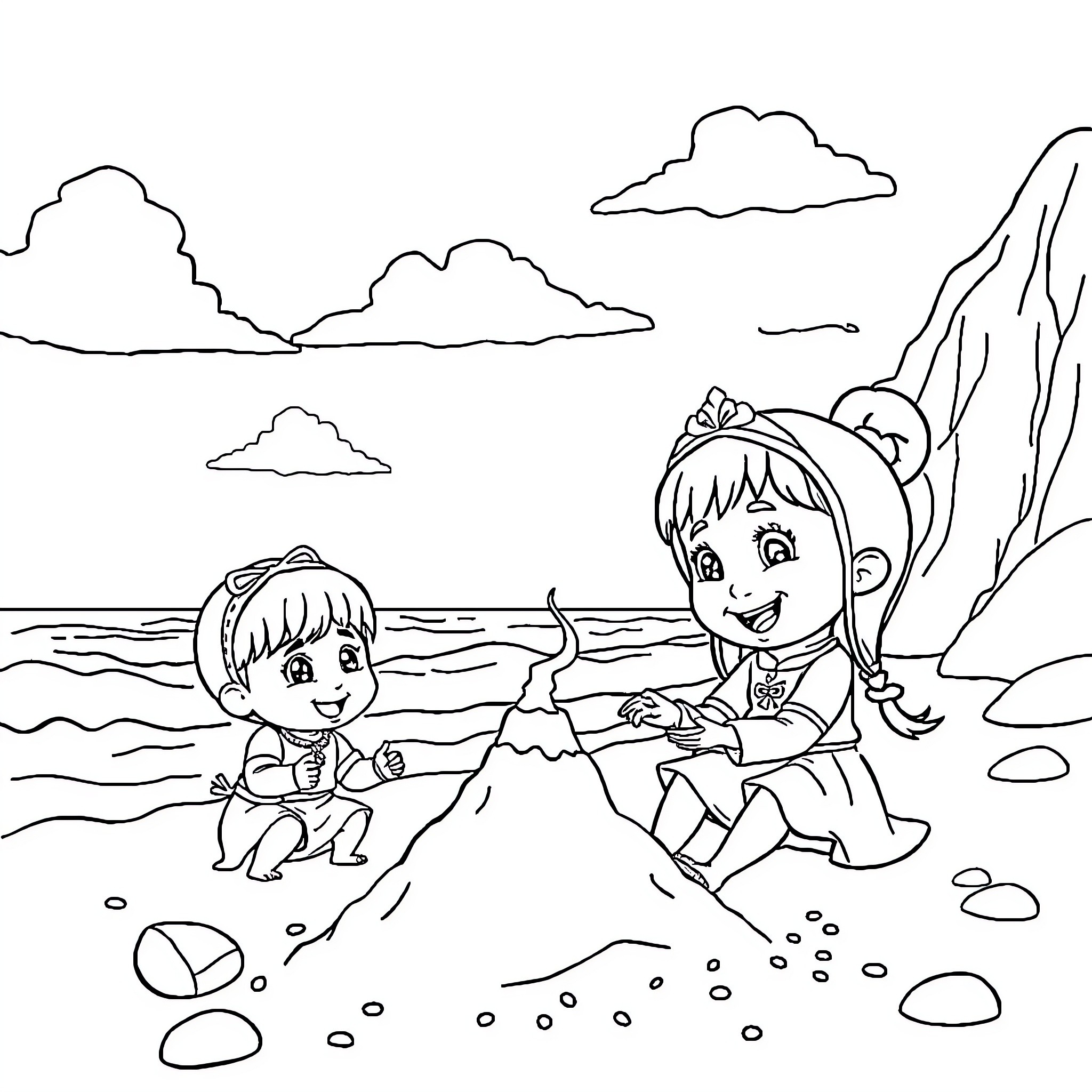 Bear siblings playing happily on the beach Coloring Page (free black-and-white line drawing printable PDF for all, from beginners to advanced learners, including children, teens, adults, and seniors)