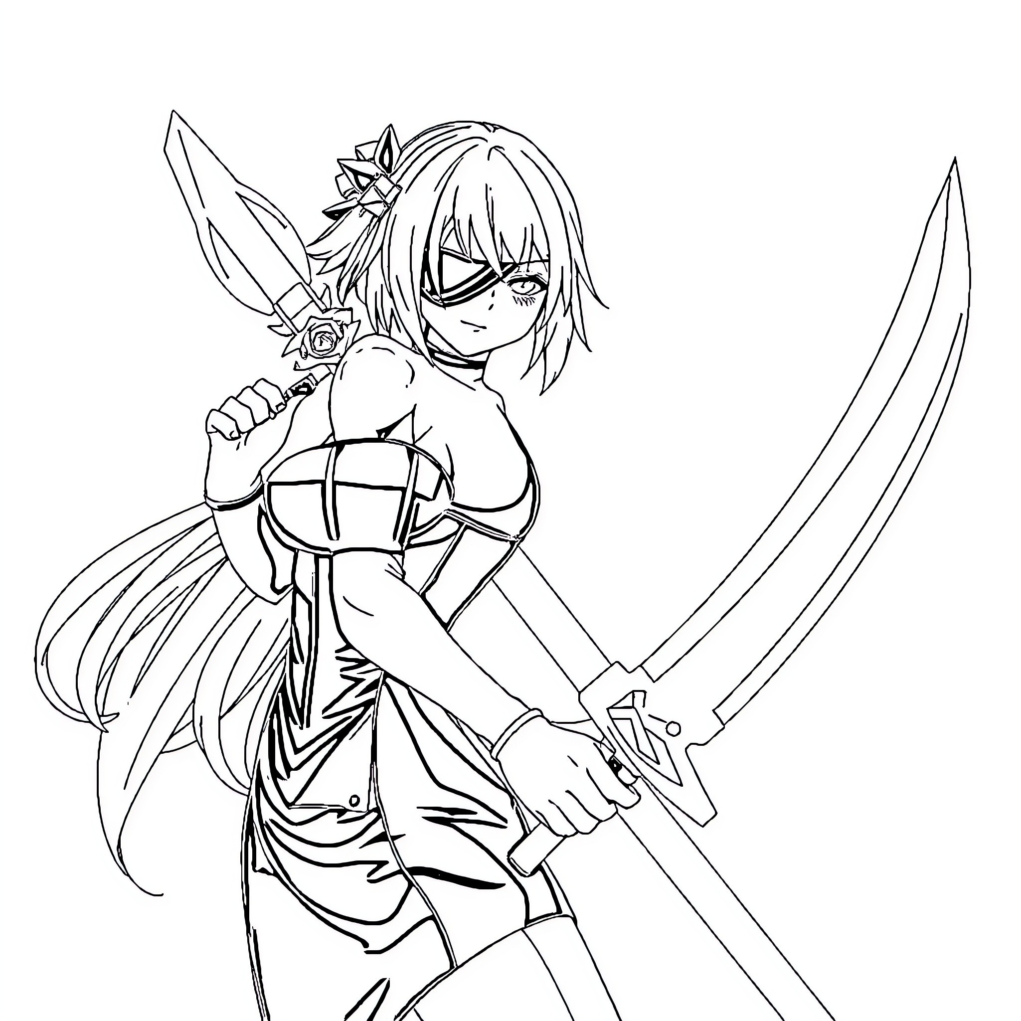 2B Warrior Wielding Twin Blades with Determination Coloring Page (free black-and-white line drawing printable PDF for all, from beginners to advanced learners, including children, teens, adults, and seniors)