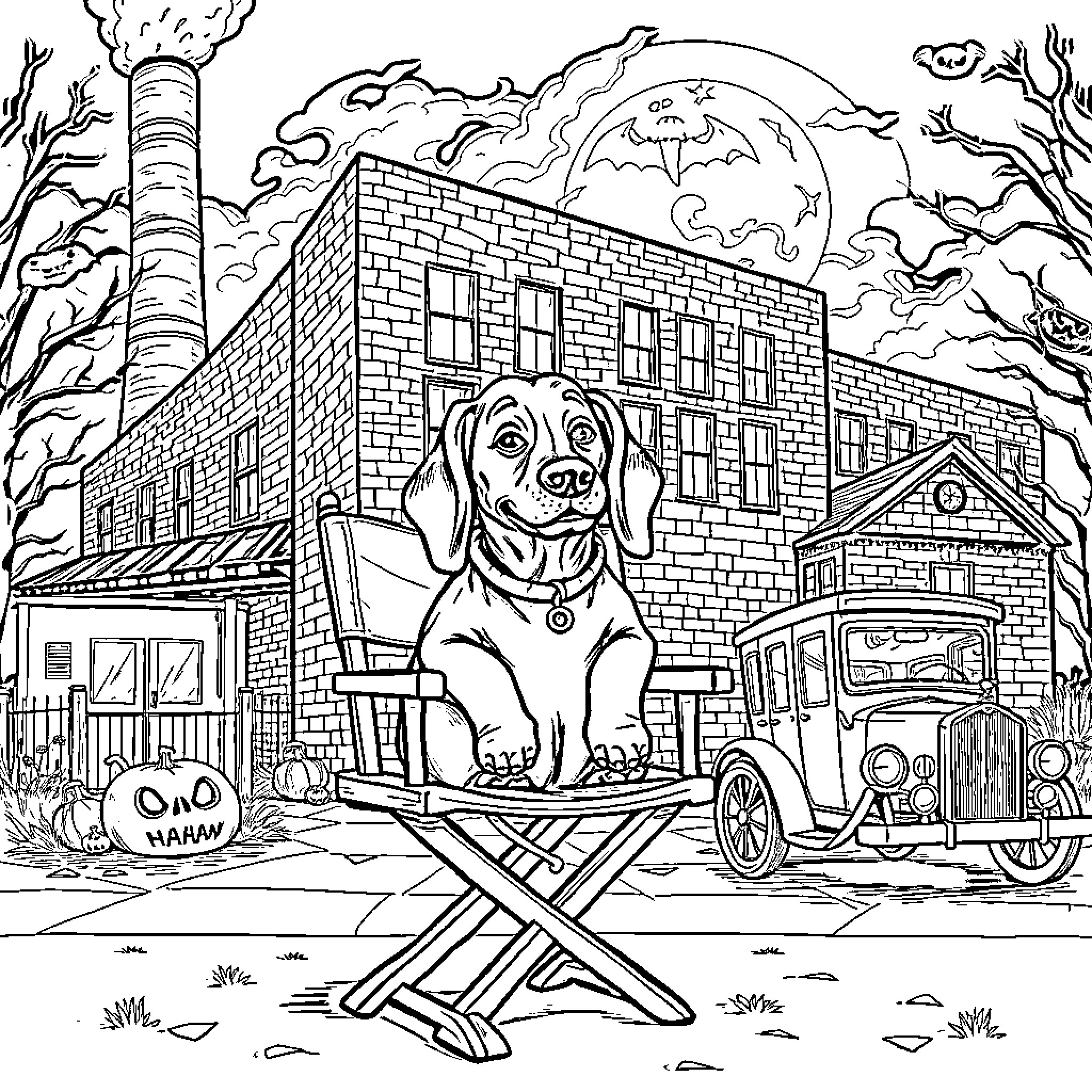 Dachshund on set enjoying the spooky scene Coloring Page (free black-and-white line drawing printable PDF for all, from beginners to advanced learners, including children, teens, adults, and seniors)