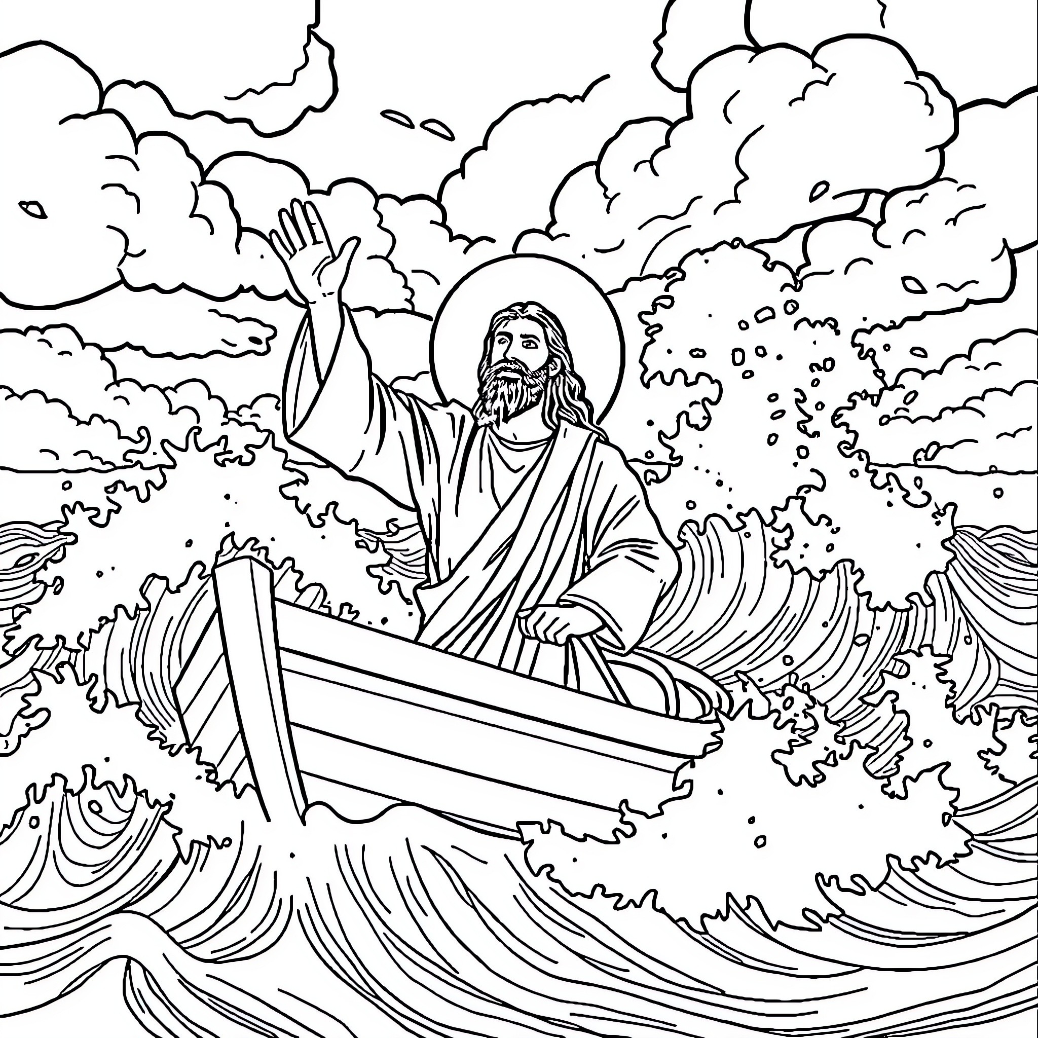 Jesus commanding the seas and storms Coloring Page (free black-and-white line drawing printable PDF for all, from beginners to advanced learners, including children, teens, adults, and seniors)