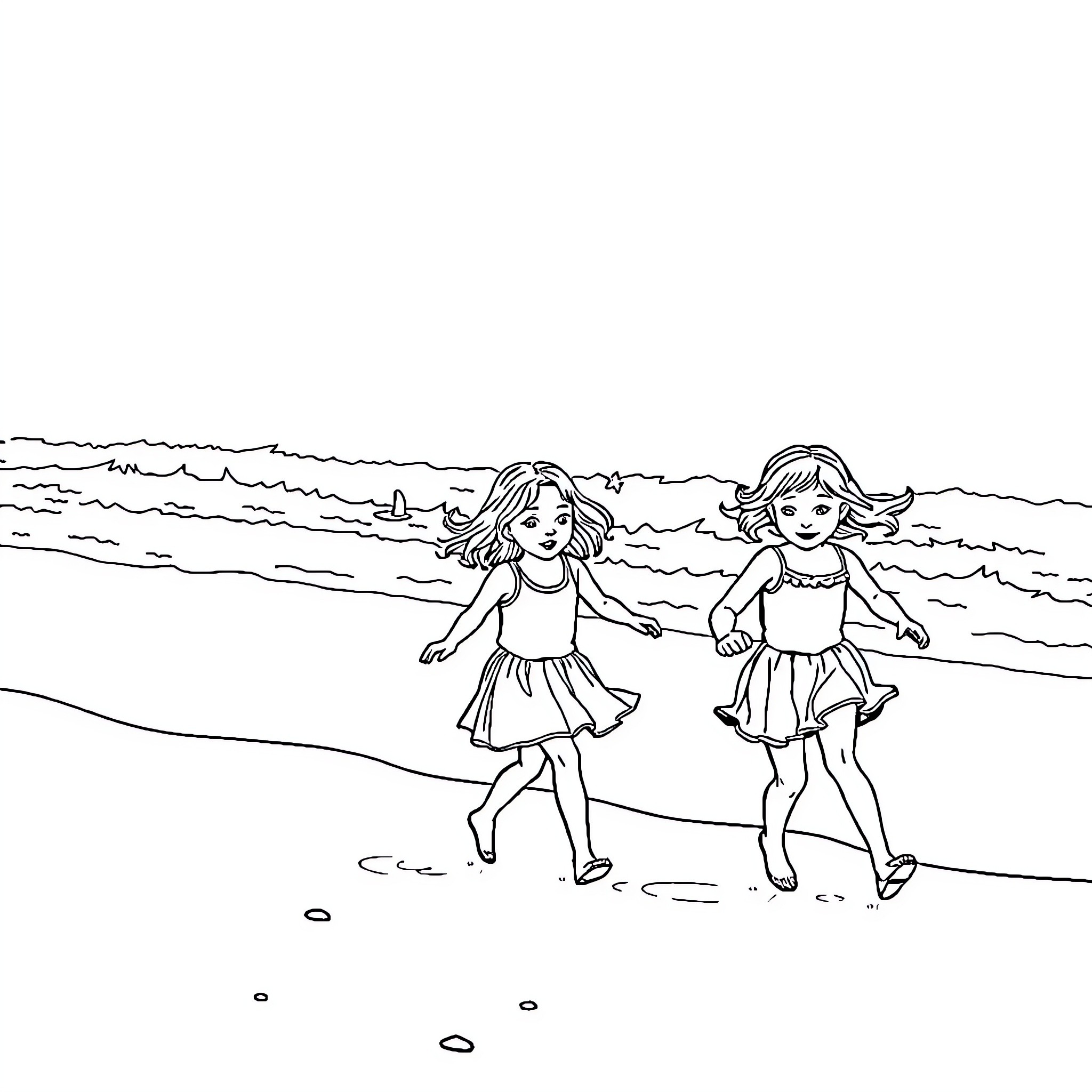 Fille playing happily on the beach Coloring Page (free black-and-white line drawing printable PDF for all, from beginners to advanced learners, including children, teens, adults, and seniors)