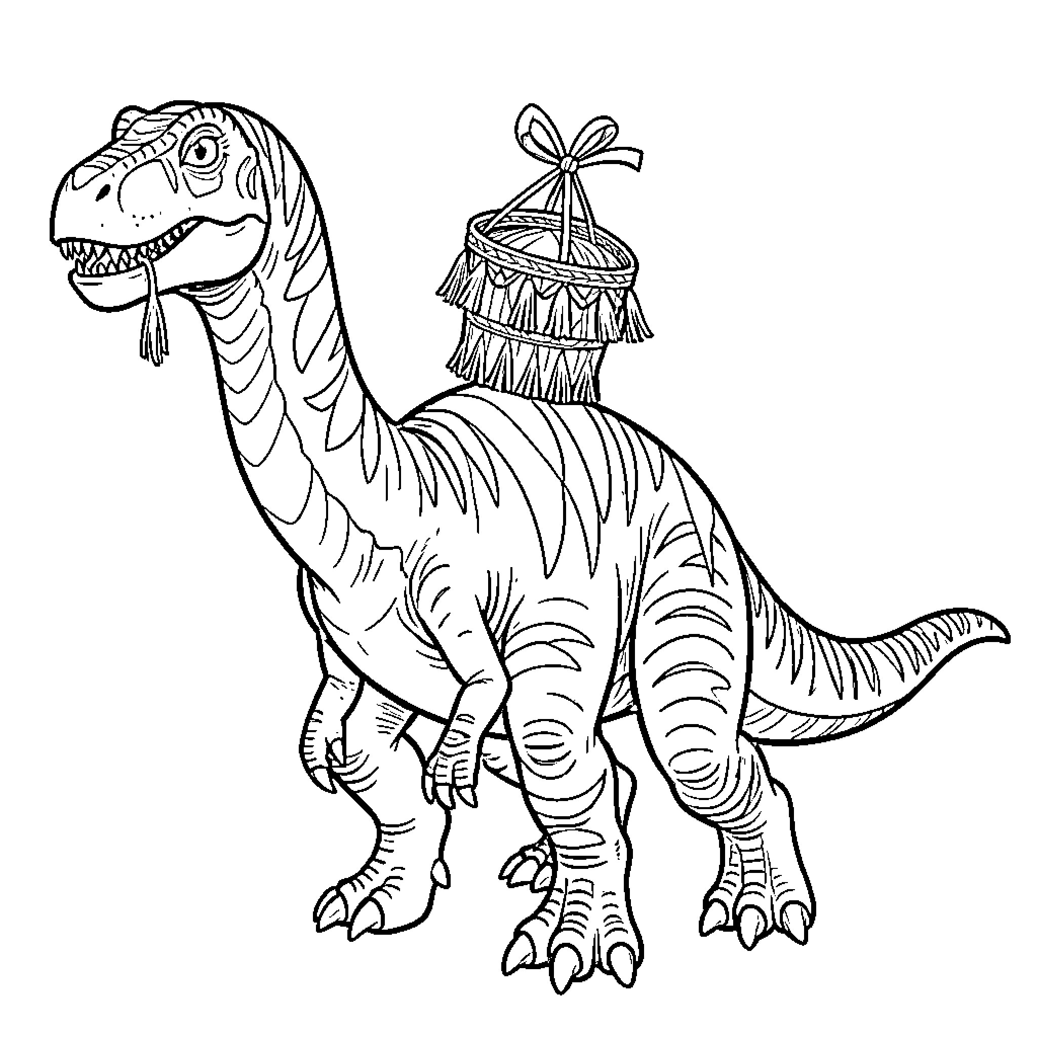Dinosaurio with hat decorations Coloring Page (free black-and-white line drawing printable PDF for all, from beginners to advanced learners, including children, teens, adults, and seniors)
