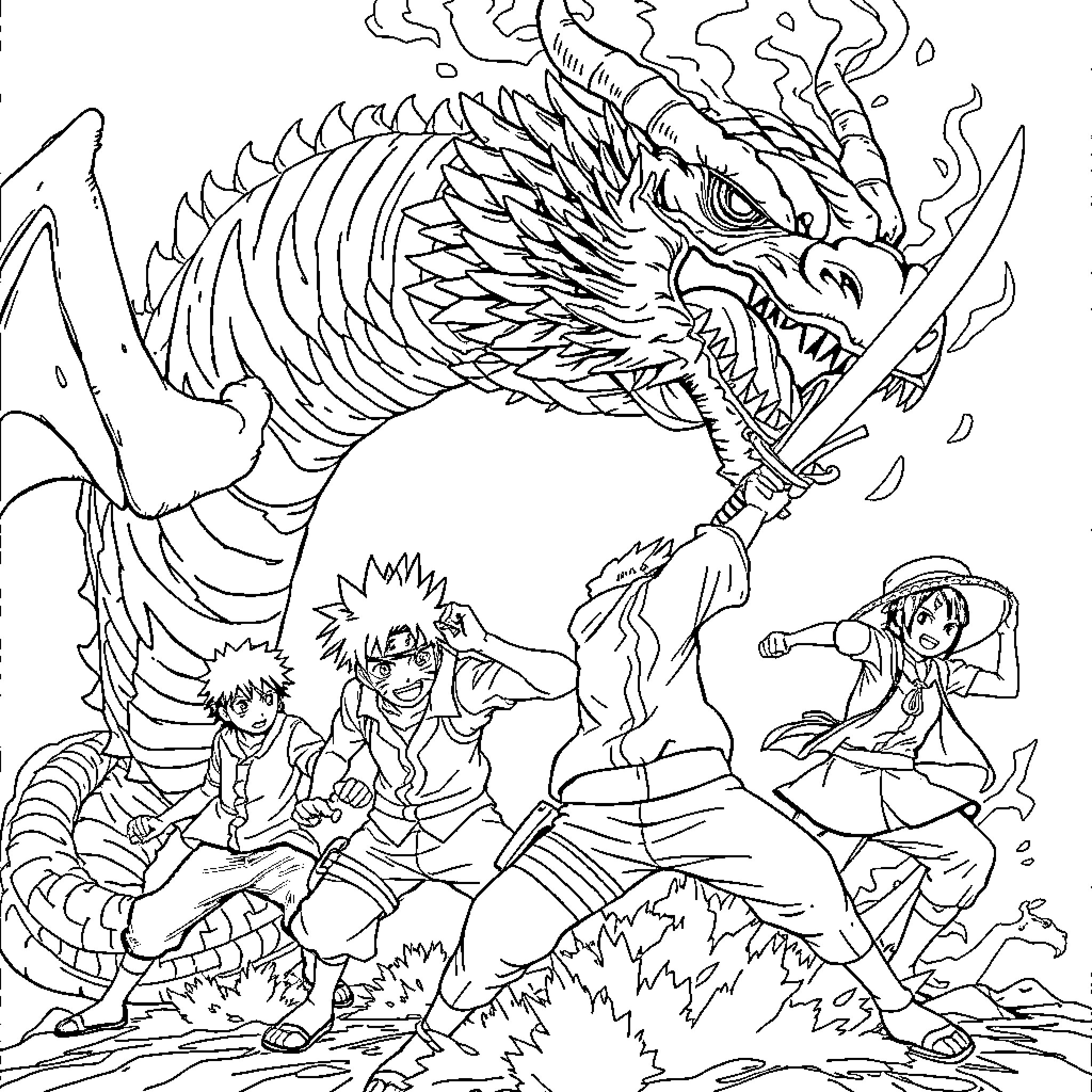 Dragon battling heroic warriors in epic adventure Coloring Page (free black-and-white line drawing printable PDF for all, from beginners to advanced learners, including children, teens, adults, and seniors)