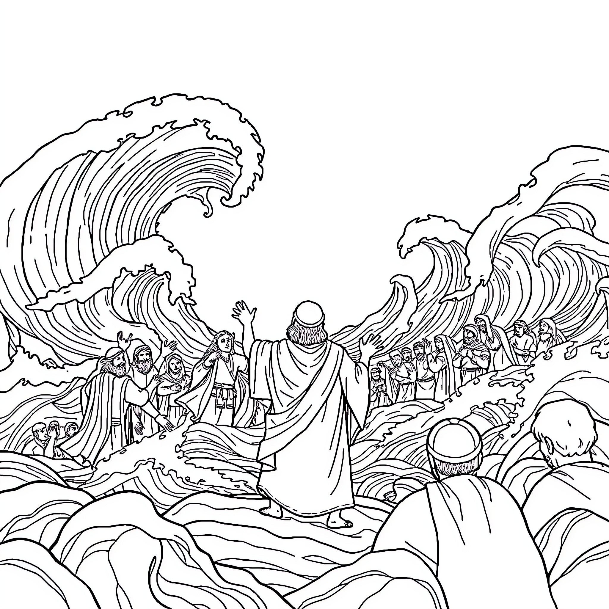 Moses parts the Red Sea with Israelites crossing Coloring Page (free black-and-white line drawing printable PDF for all, from beginners to advanced learners, including children, teens, adults, and seniors)