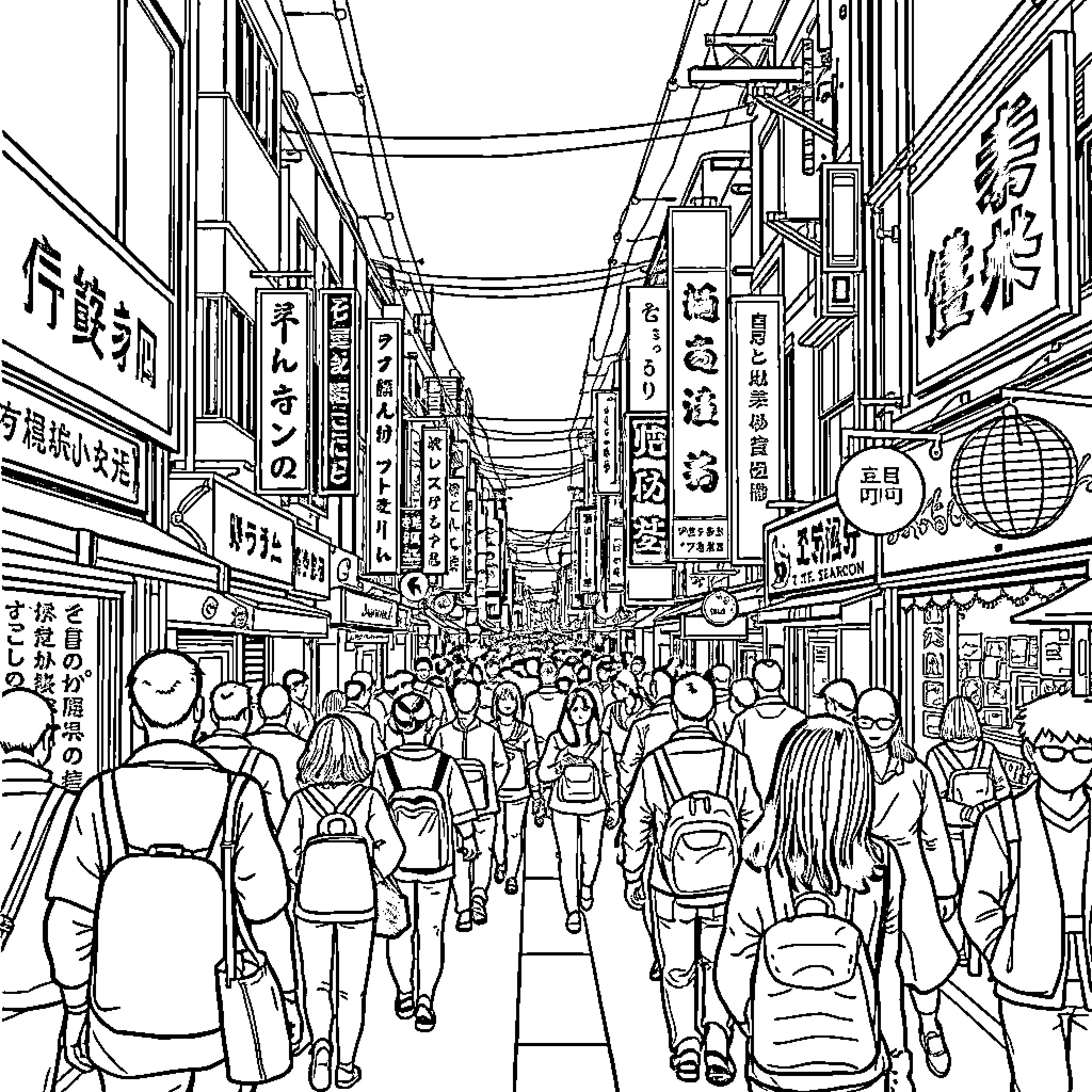Street Scene of Crowded Urban Marketplace Coloring Page (free black-and-white line drawing printable PDF for all, from beginners to advanced learners, including children, teens, adults, and seniors)