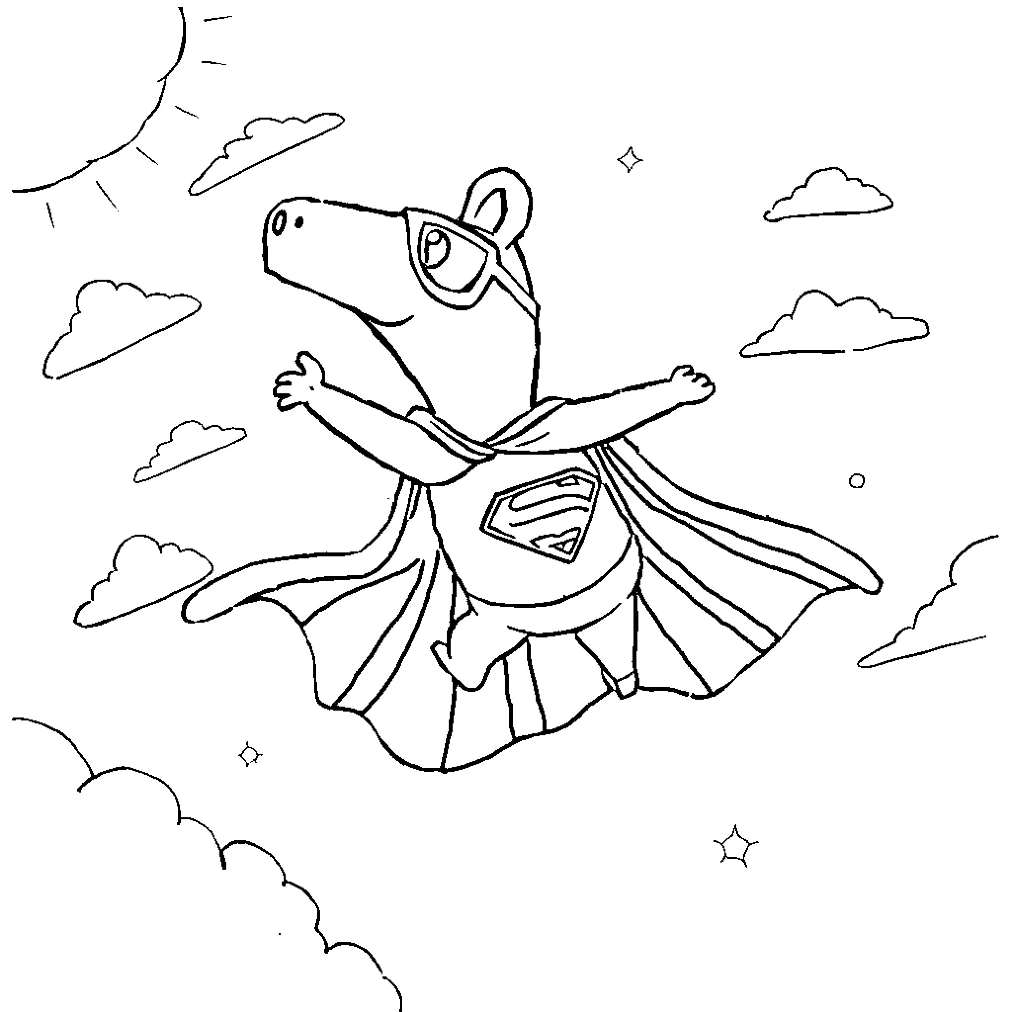 Capybara superhero flying in the sky Coloring Page (free black-and-white line drawing printable PDF for all, from beginners to advanced learners, including children, teens, adults, and seniors)