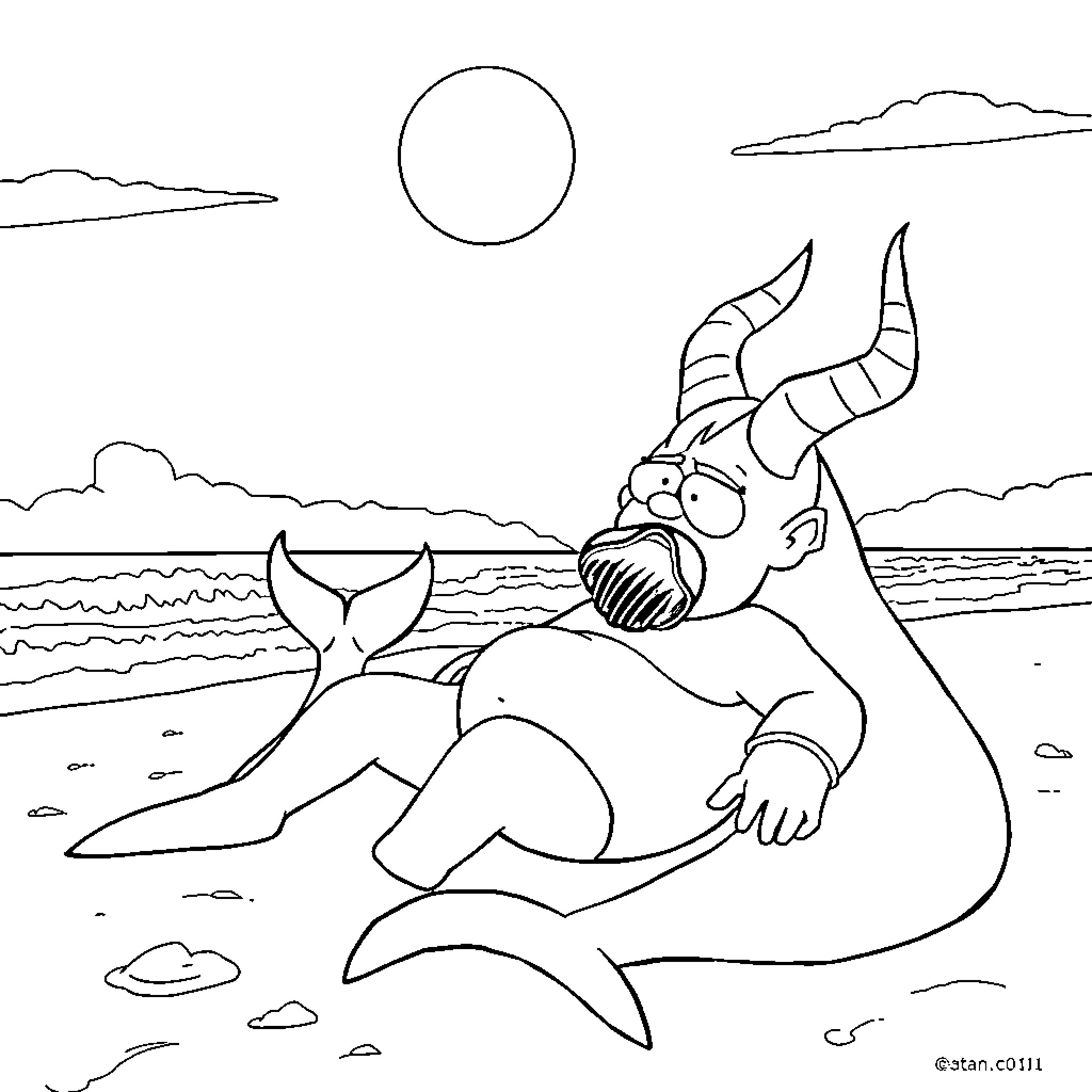 Satan's Monstrous Creature Lounging on the Beach Coloring Page (free black-and-white line drawing printable PDF for all, from beginners to advanced learners, including children, teens, adults, and seniors)