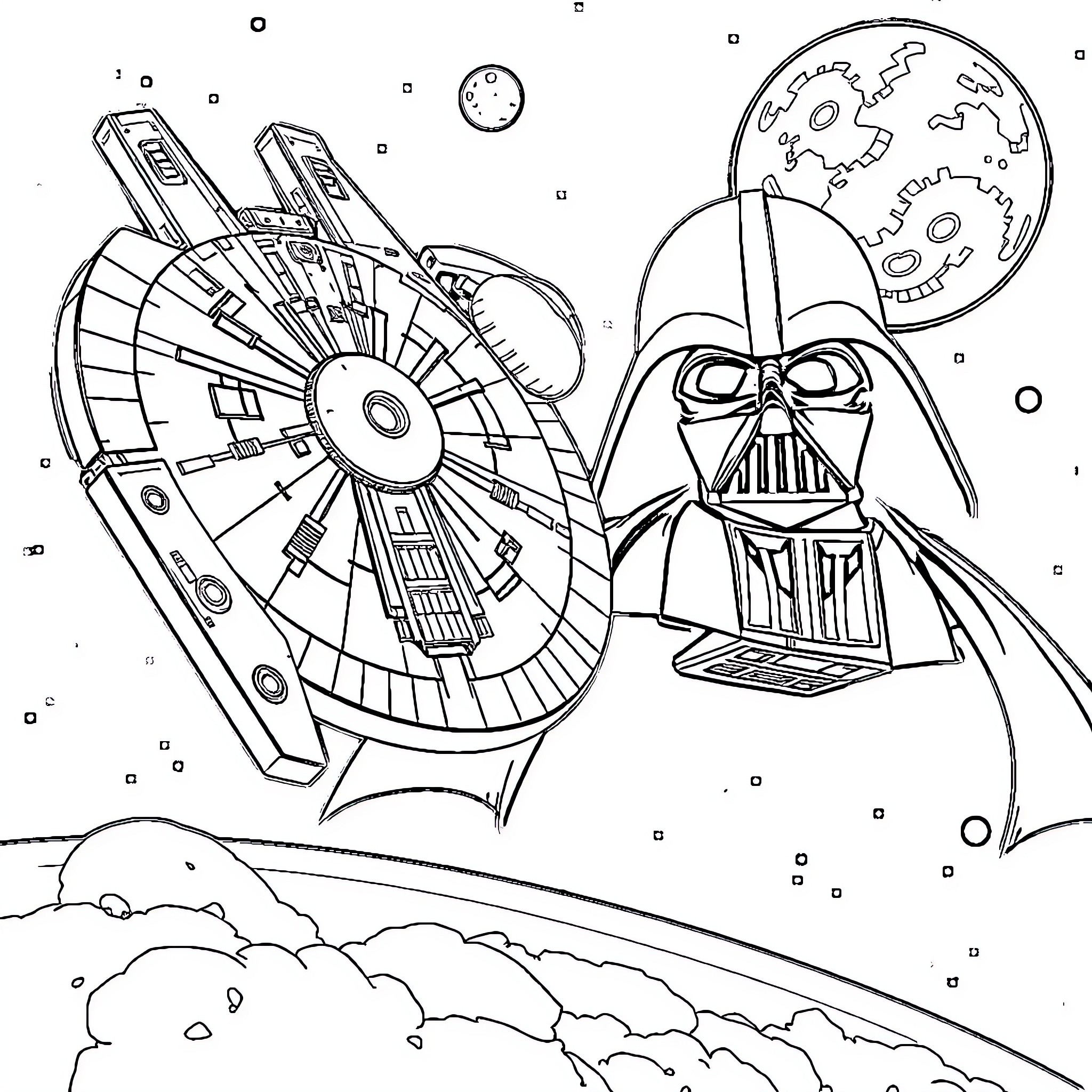 Spaceship battle in the cosmic landscape Coloring Page (free black-and-white line drawing printable PDF for all, from beginners to advanced learners, including children, teens, adults, and seniors)