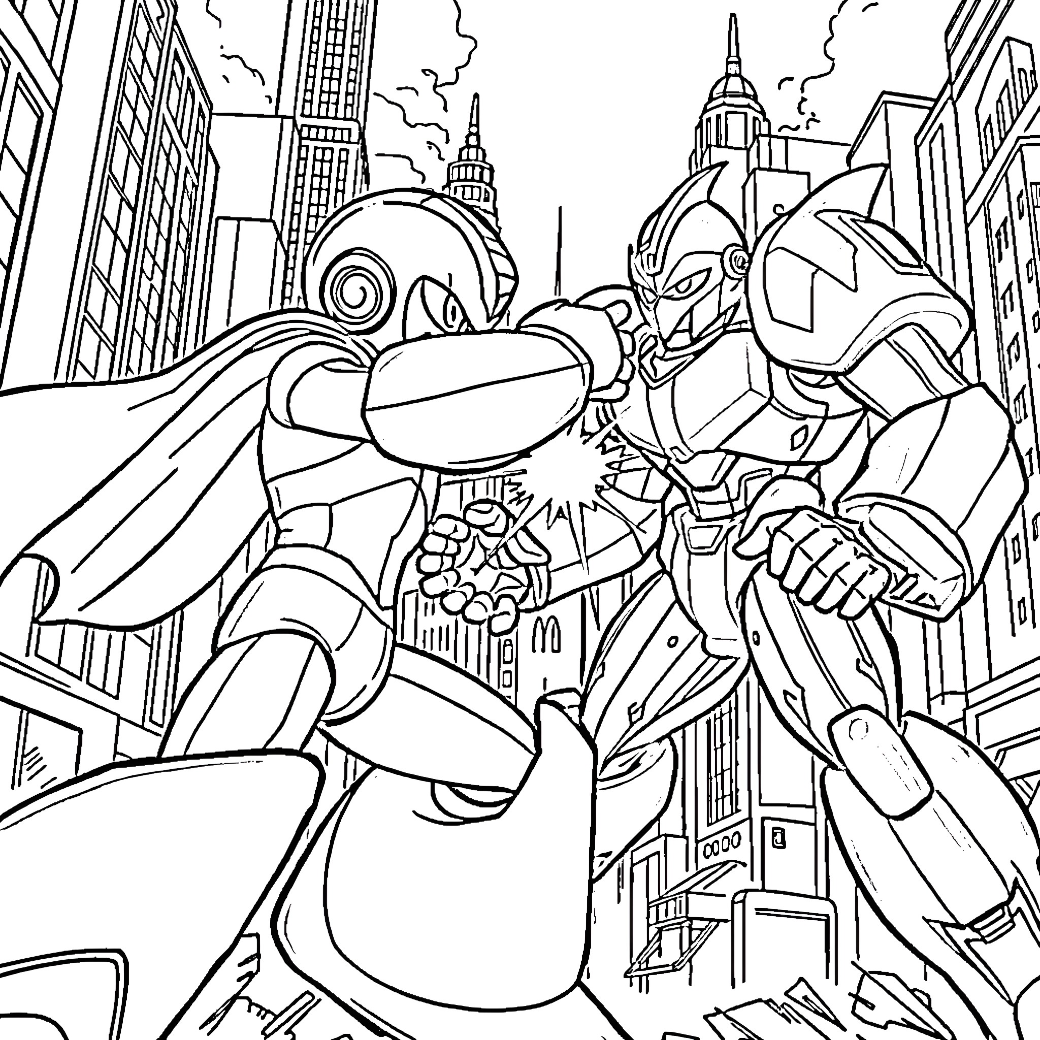 Megaman fighting against advanced robots in the city Coloring Page (free black-and-white line drawing printable PDF for all, from beginners to advanced learners, including children, teens, adults, and seniors)