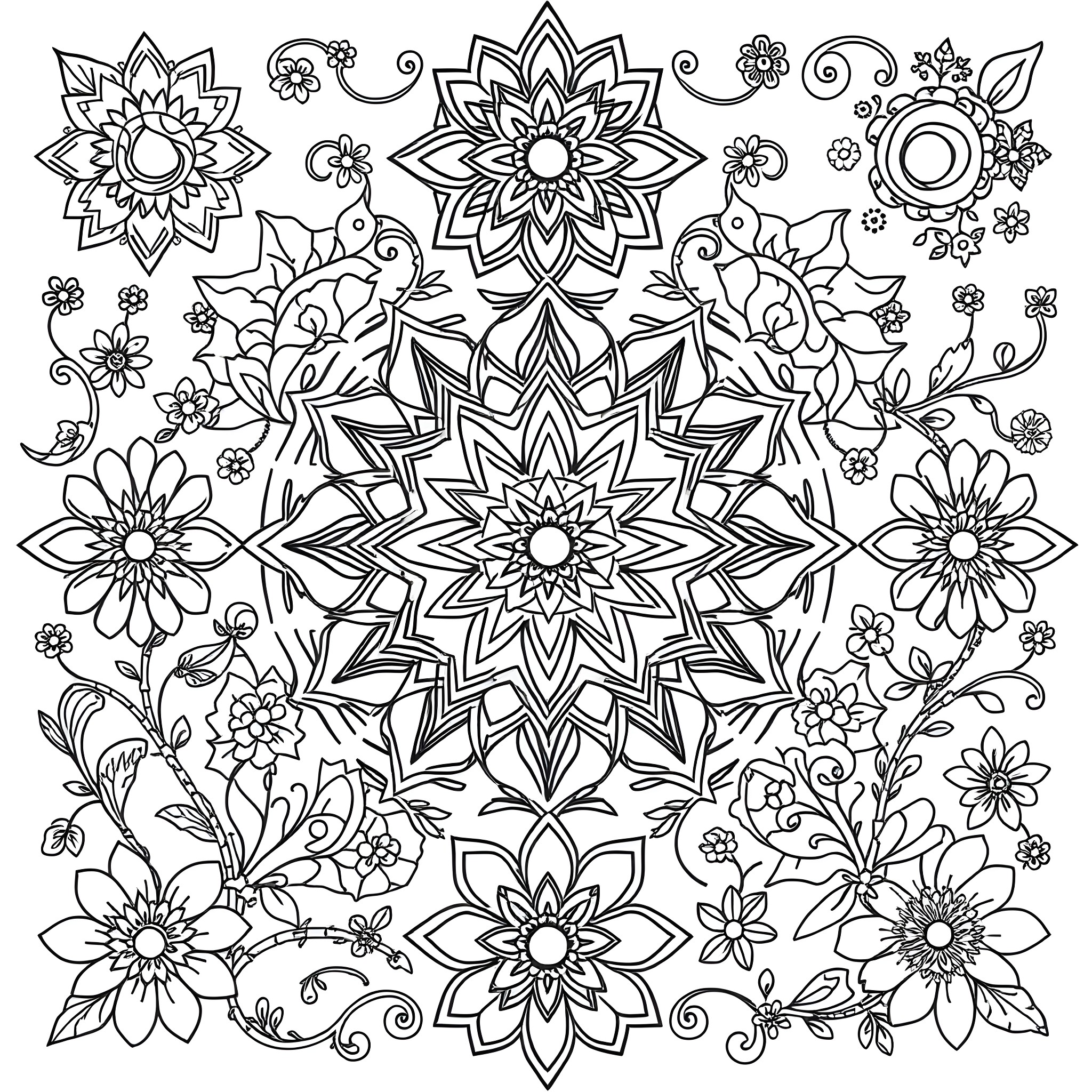Pattern of Intricate Floral Designs Coloring Page (free black-and-white line drawing printable PDF for all, from beginners to advanced learners, including children, teens, adults, and seniors)
