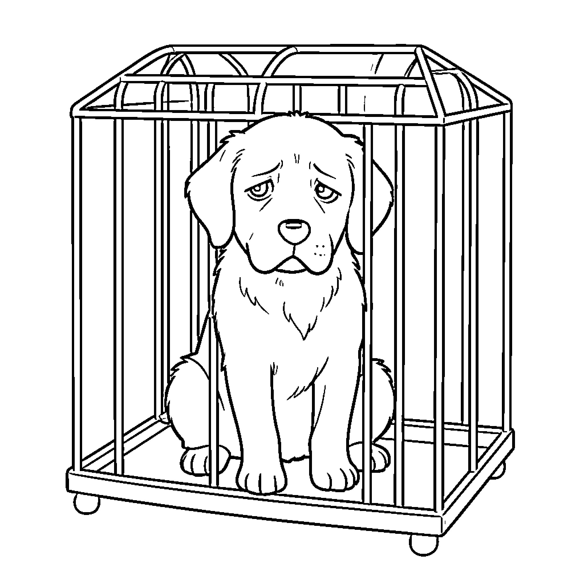 Dog sitting sadly in wire cage Coloring Page (free black-and-white line drawing printable PDF for all, from beginners to advanced learners, including children, teens, adults, and seniors)