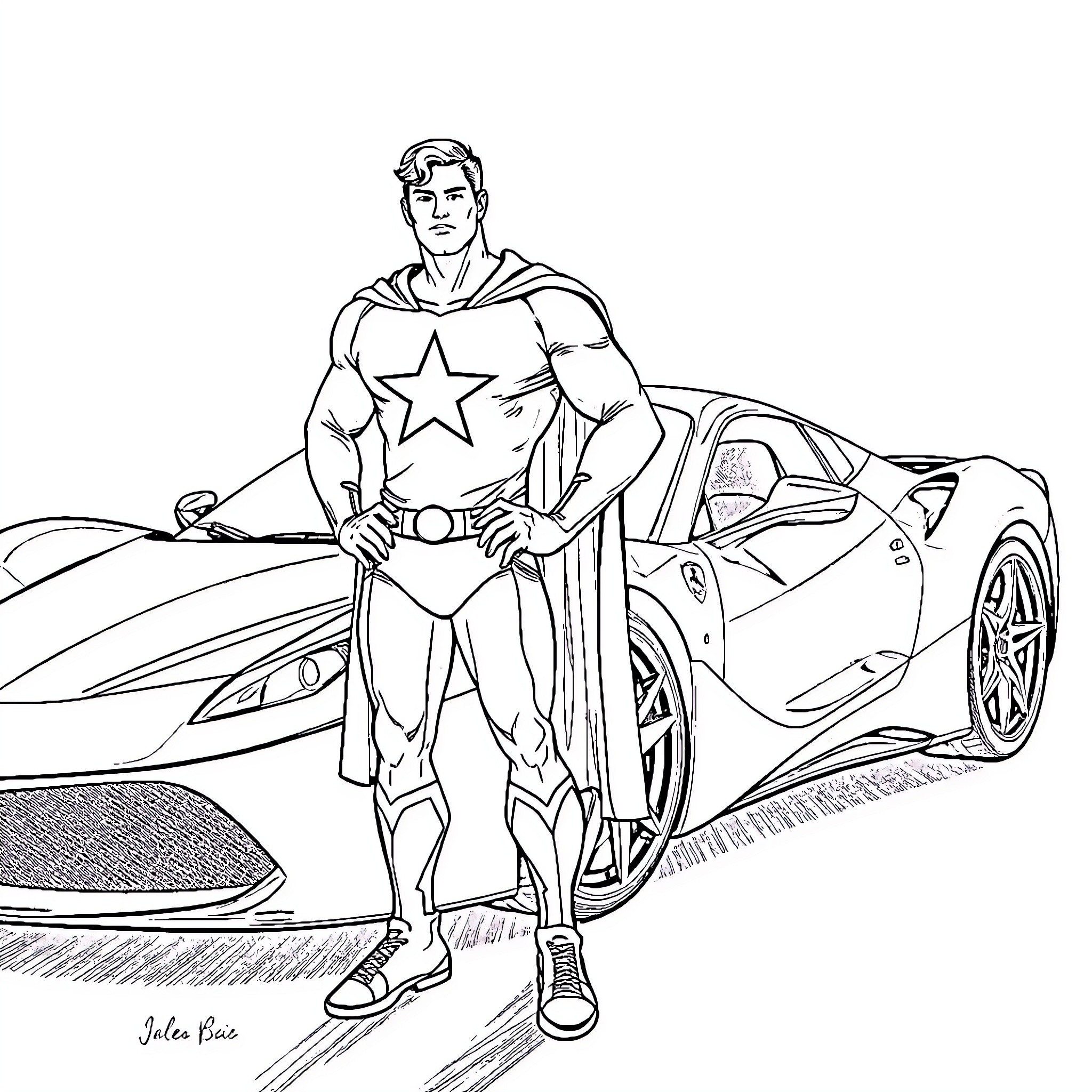 Superman's heroic stance with fast sports car Coloring Page (free black-and-white line drawing printable PDF for all, from beginners to advanced learners, including children, teens, adults, and seniors)